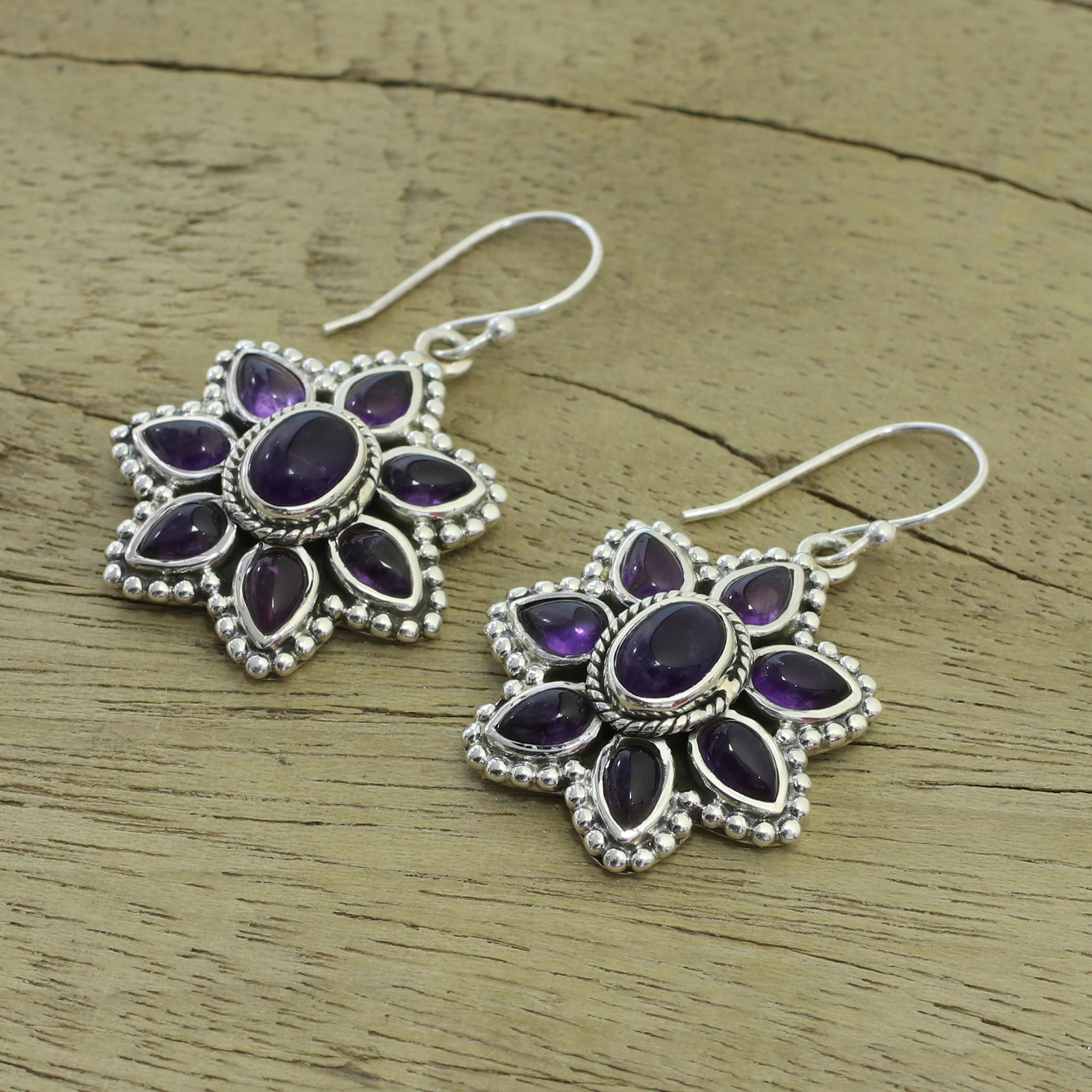 Premium Amethyst Blossom Sterling Silver Dangle Earrings | Unique Floral Design