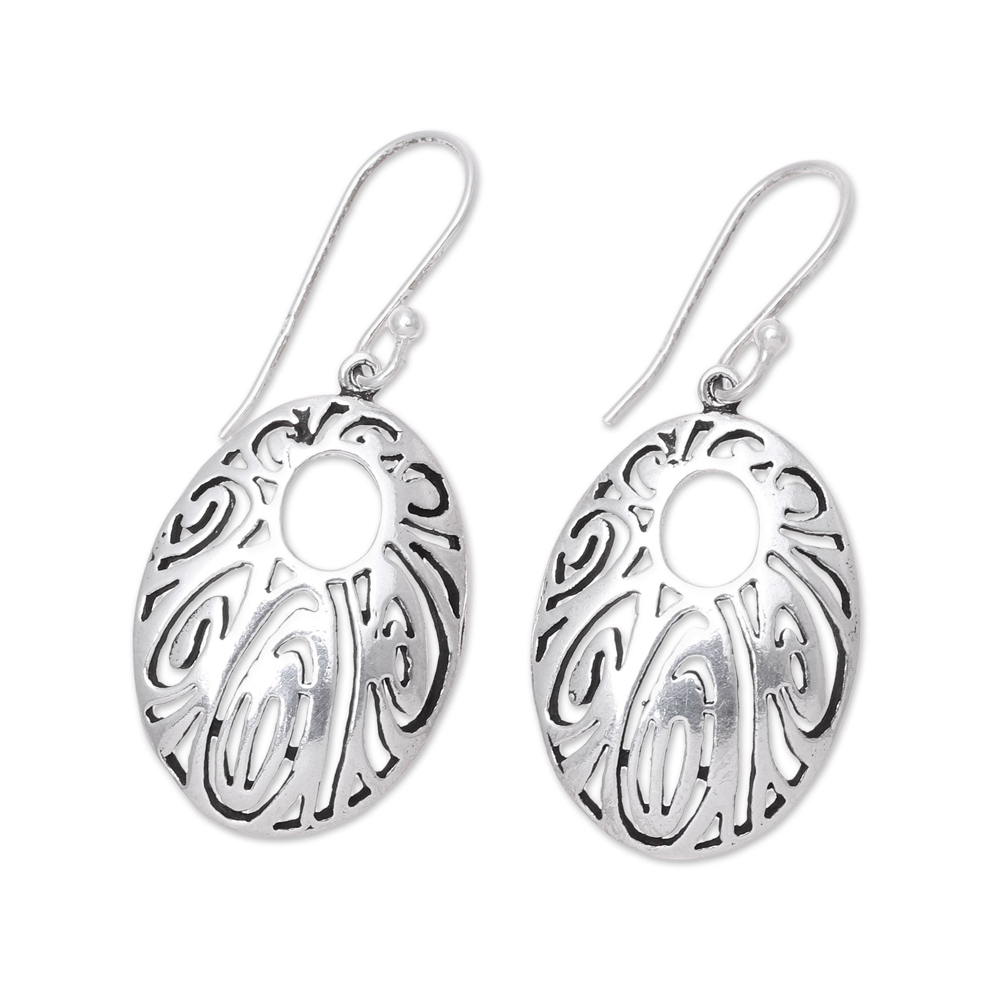 Premium Elliptical Sterling Silver Dangle Earrings – Elegant Openwork Design