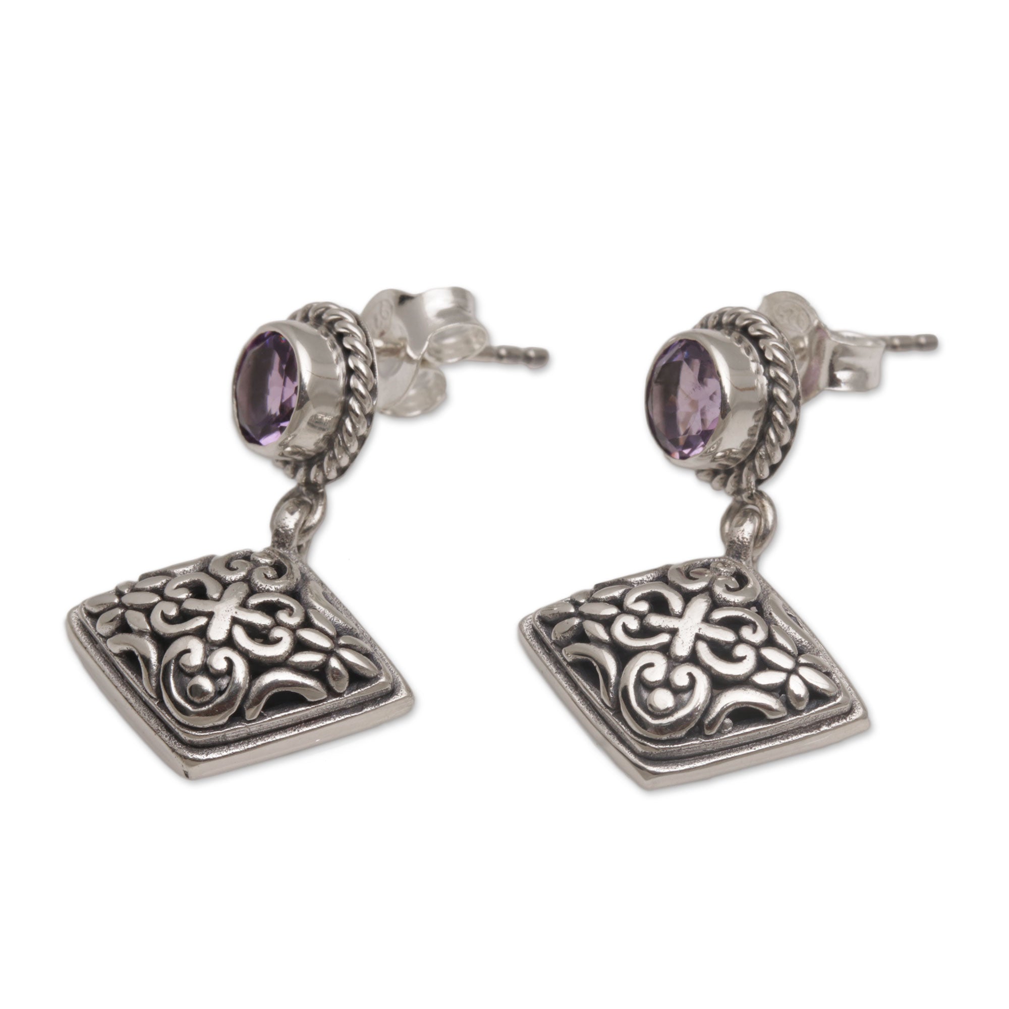 Premium Amethyst & Diamond Dangle Earrings - Handcrafted Bali Sterling Silver Jewelry