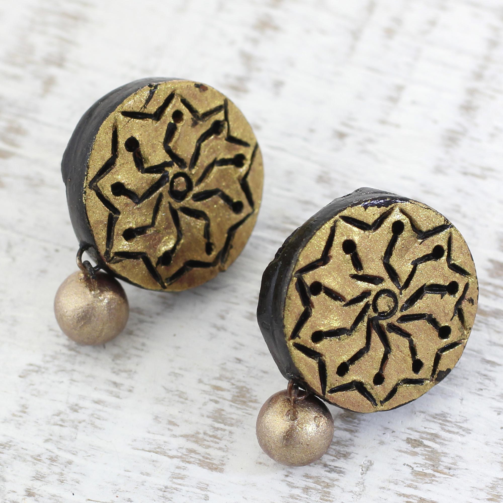 Premium Golden Floral Ceramic Dangle Earrings - Handcrafted by Indian Artisans