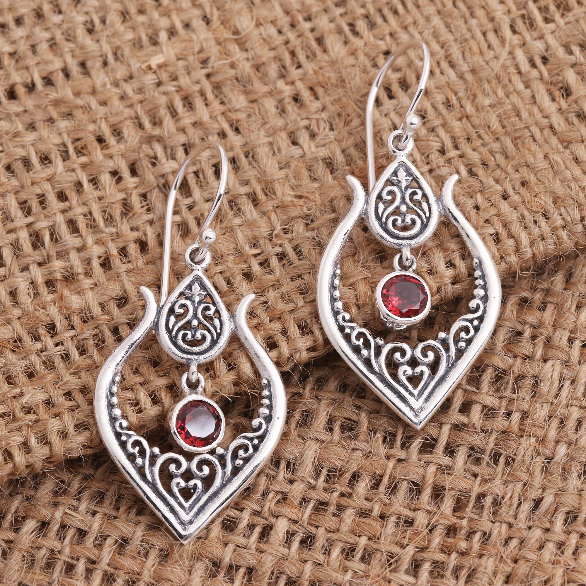 Premium Balinese Garnet Dangle Earrings in Sterling Silver