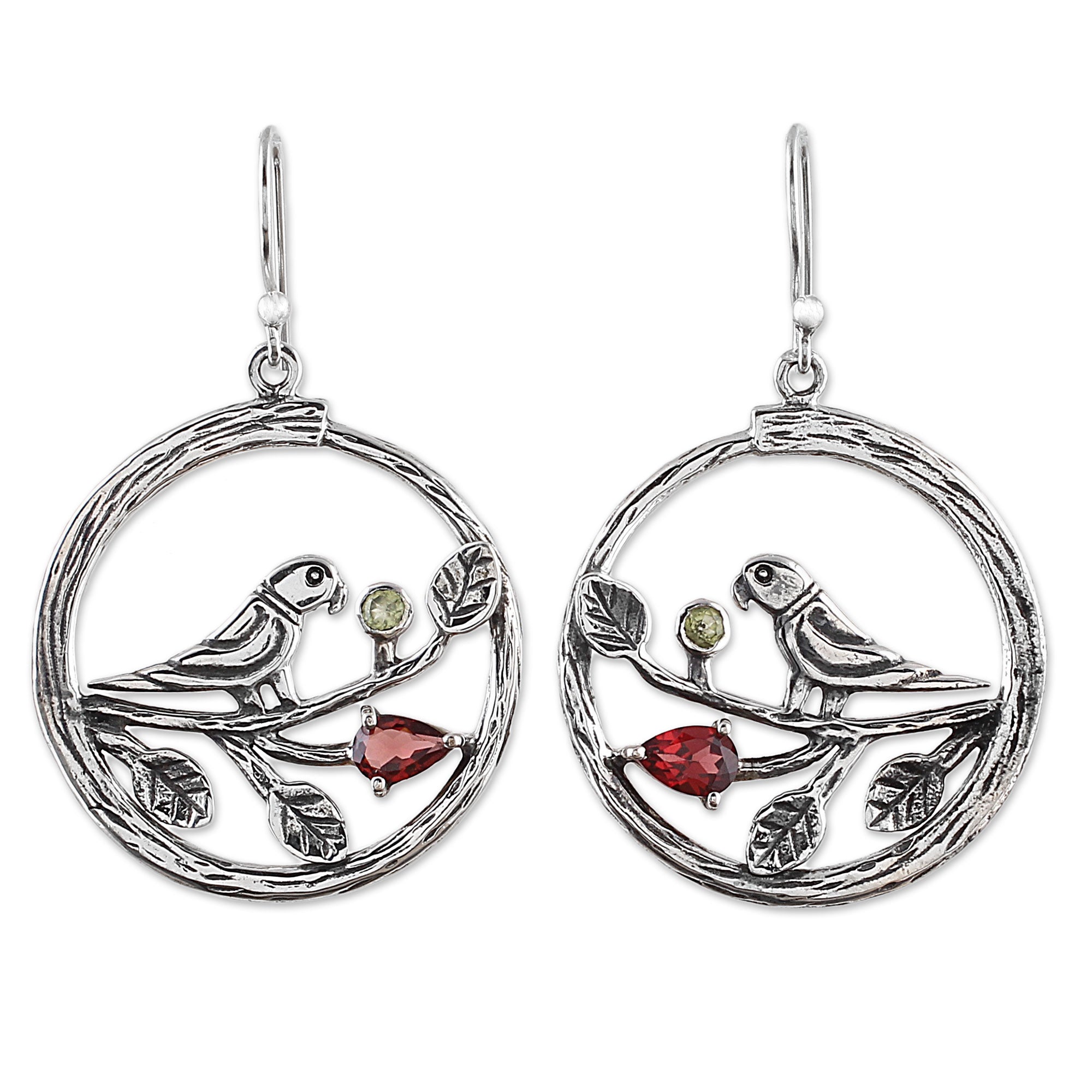 Premium Sterling Silver Parrot Dangle Earrings with Garnet & Peridot | Handcrafted in India