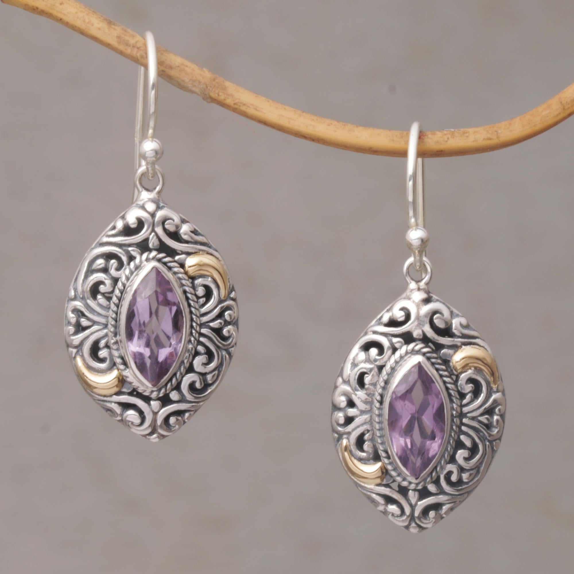 Premium Bali Amethyst Dangle Earrings with 18K Gold Accents