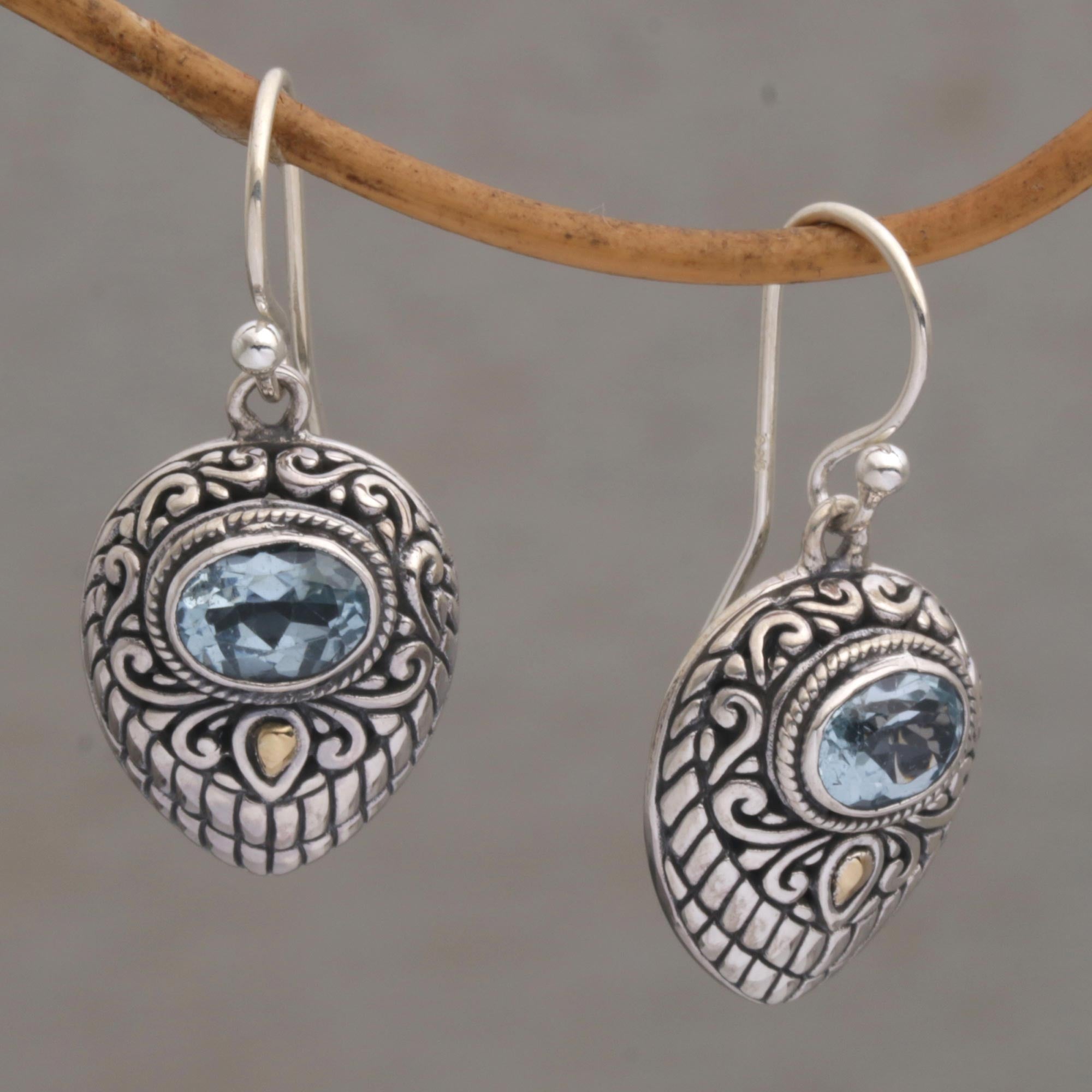 Premium Swirling Crests Blue Topaz Earrings in 925 Silver & 18K Gold Accents | Handcrafted in Bali