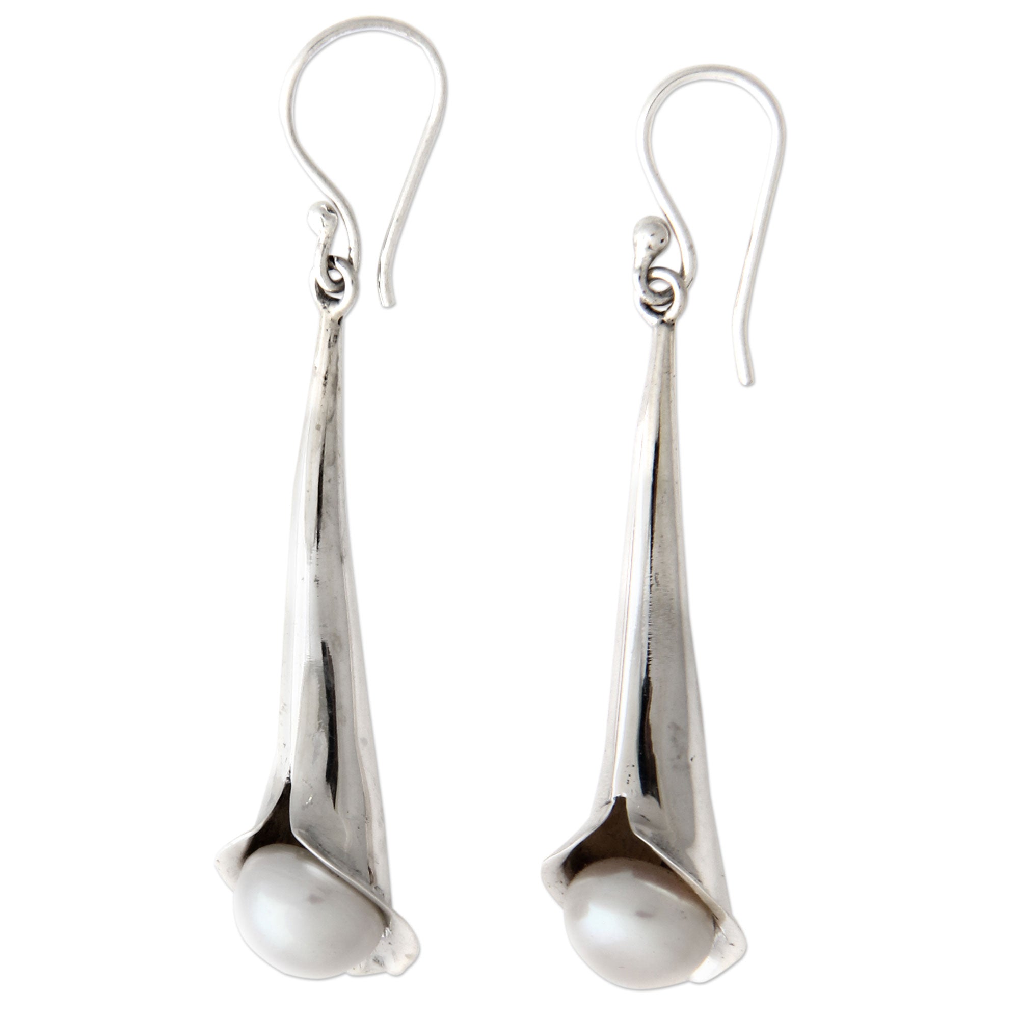 Premium Trumpet Flower Pearl Dangle Earrings - Handmade Sterling Silver