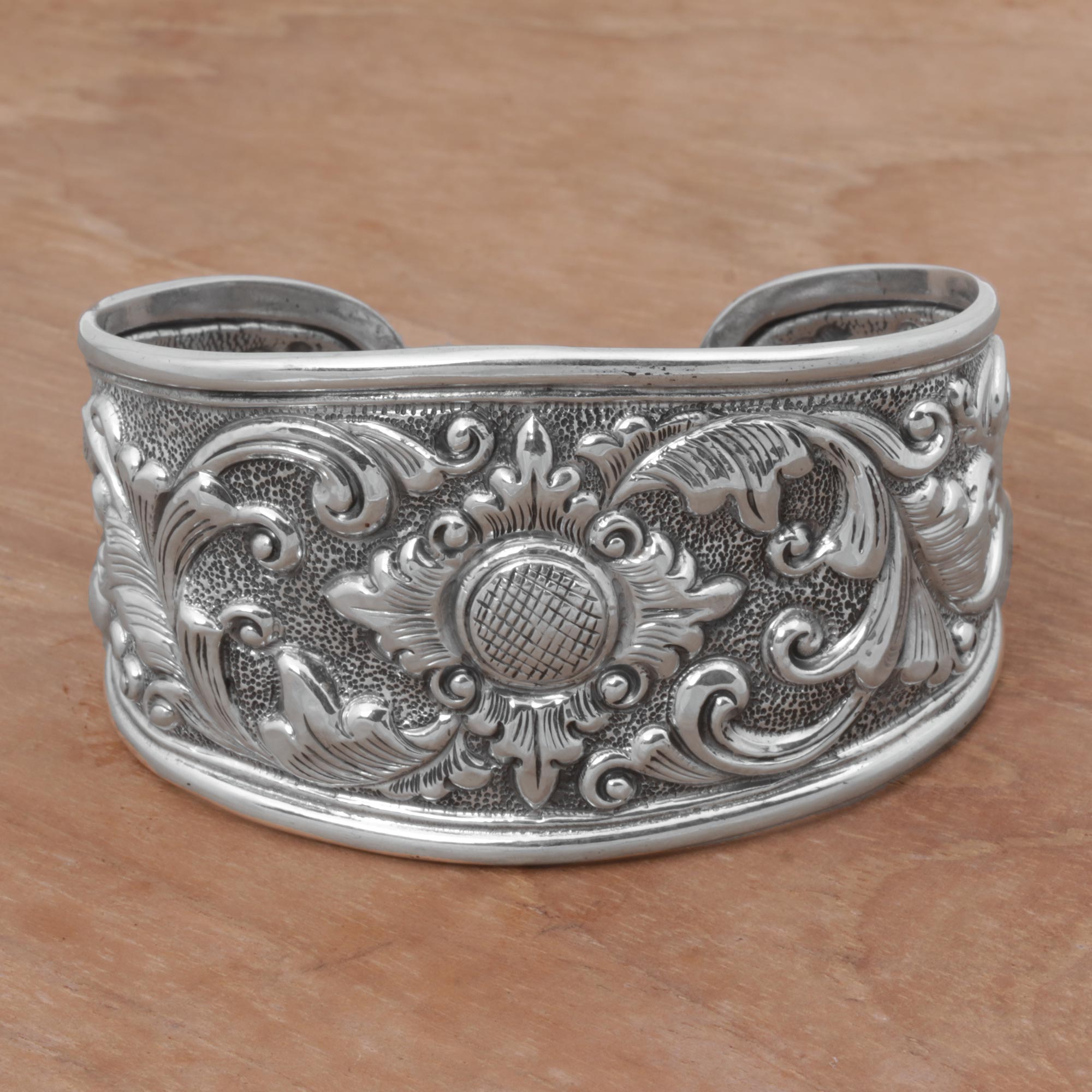 Premium Floral Sterling Silver Cuff Bracelet - Handcrafted Elegance