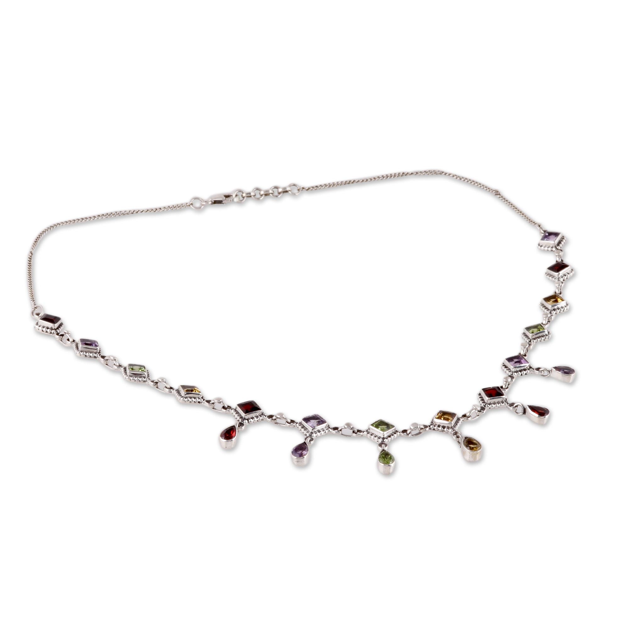 Premium Shimmering Light Multi-Gemstone Link Necklace - Handcrafted in India