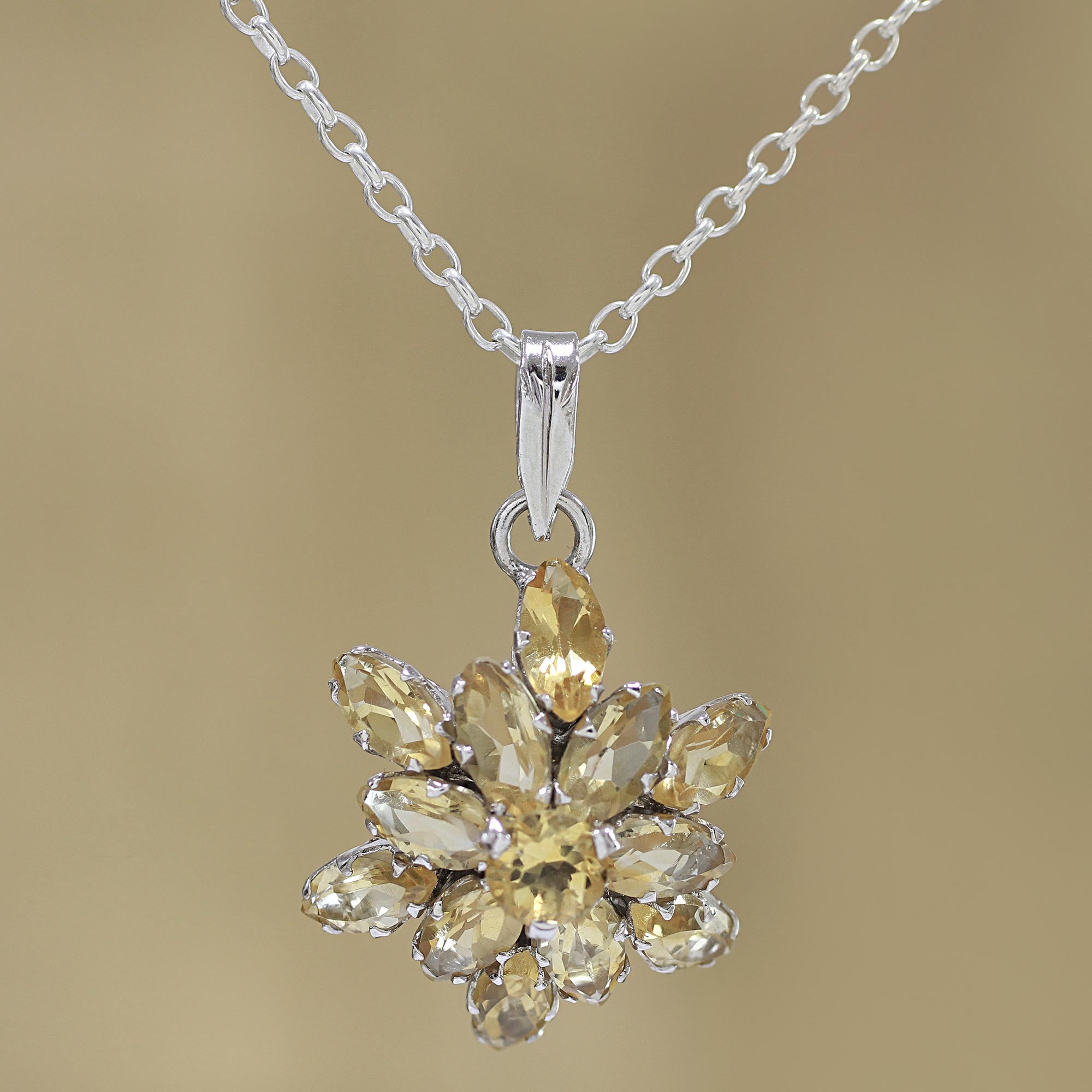 Premium Golden Citrine Pendant Necklace - Rhodium Plated Elegance