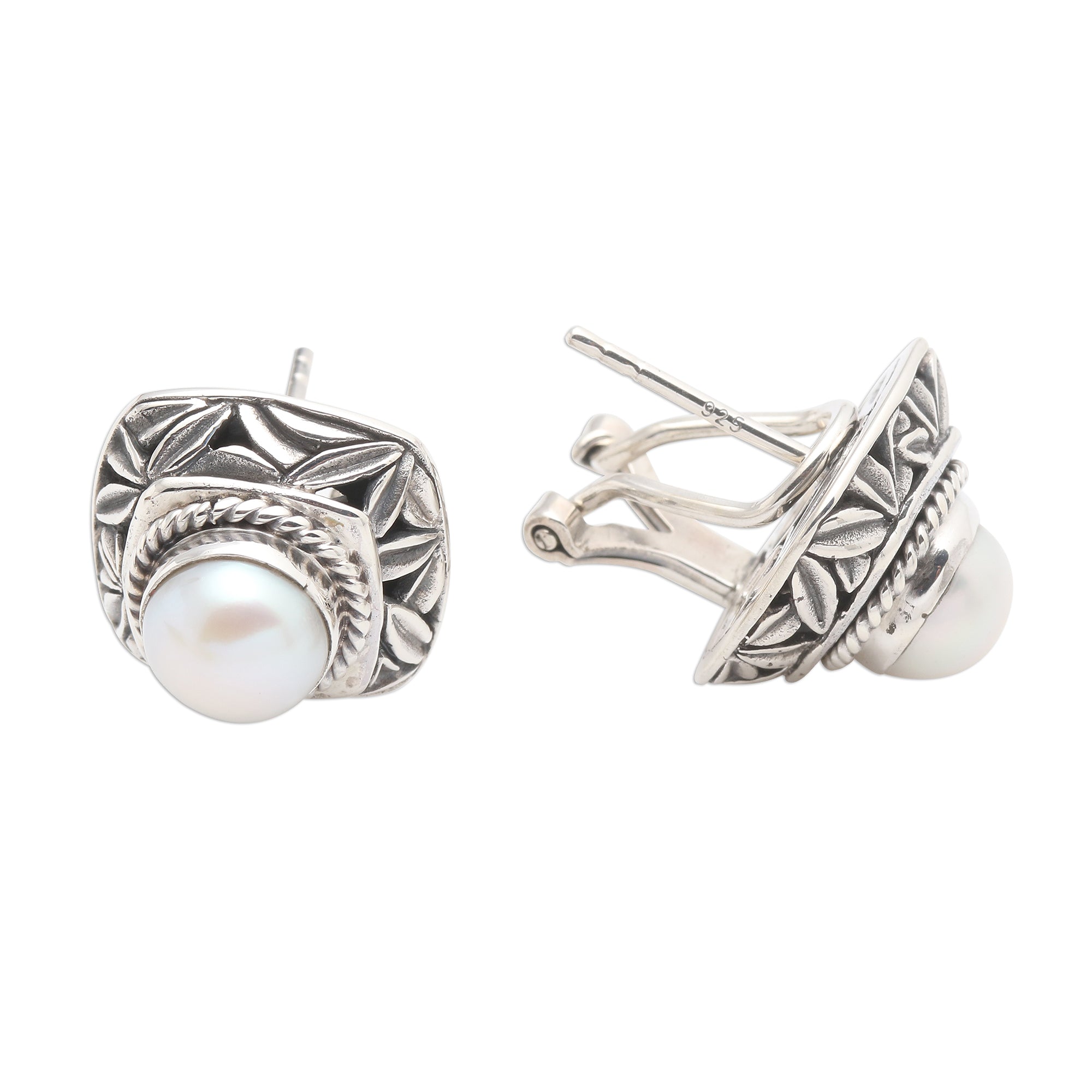 Premium Bamboo Leaf Sterling Silver & Pearl Button Earrings