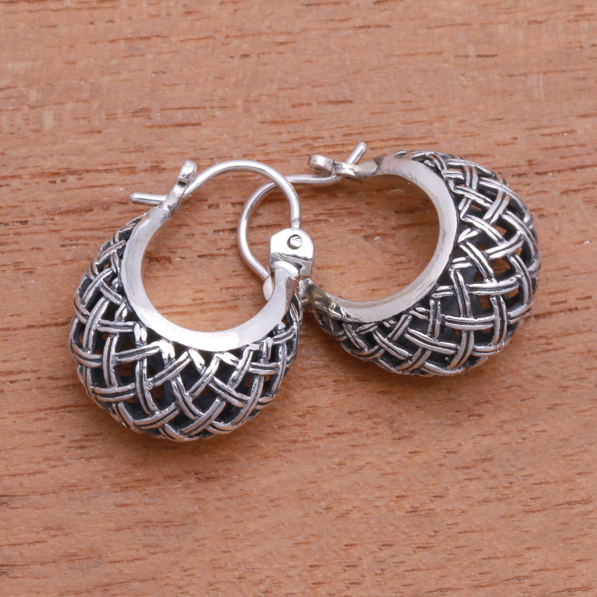 Premium Bali Sterling Silver Hoop Earrings – Intricate Woven Basket Design