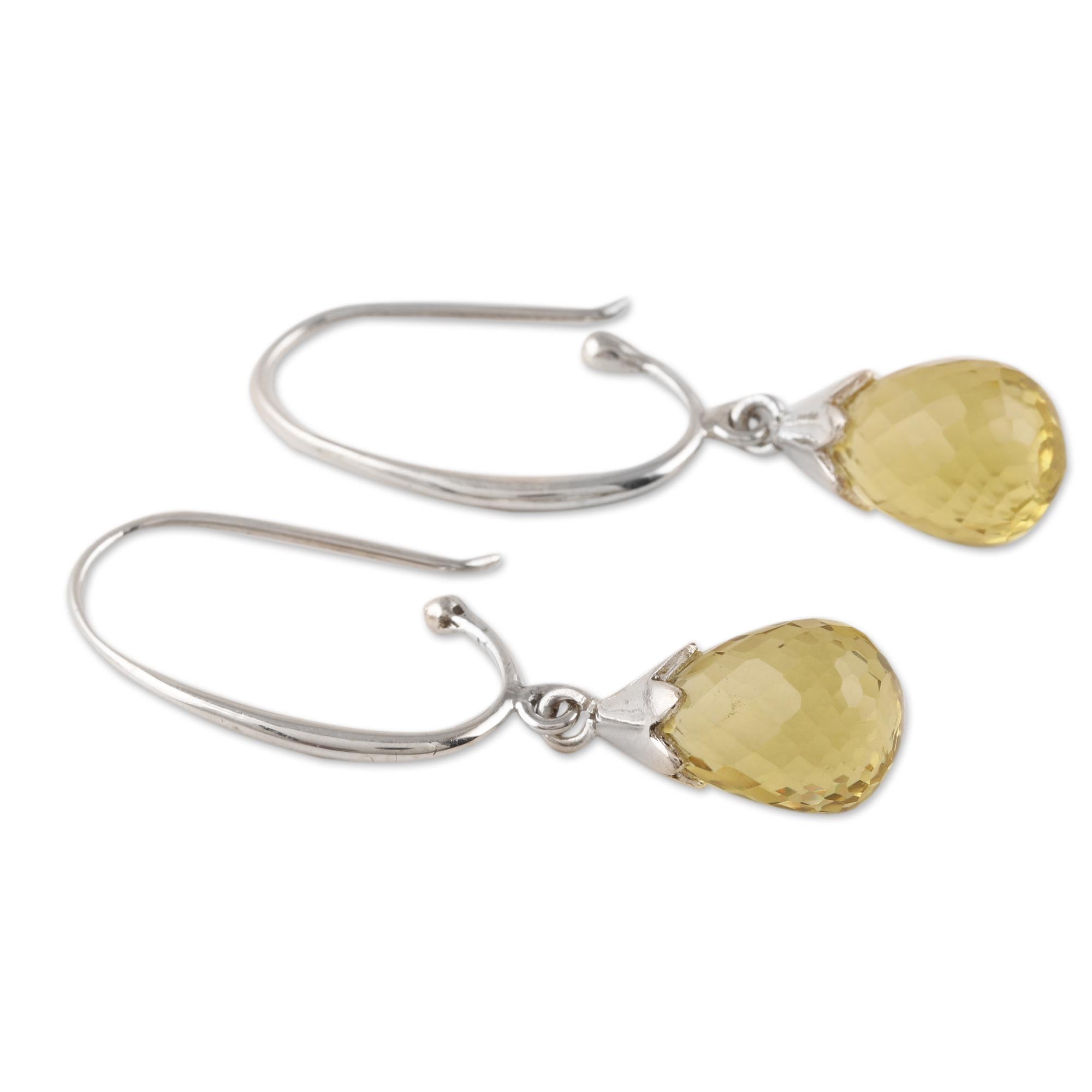 Premium Glittering Dew 10-Carat Lemon Quartz Dangle Earrings - Handcrafted in India