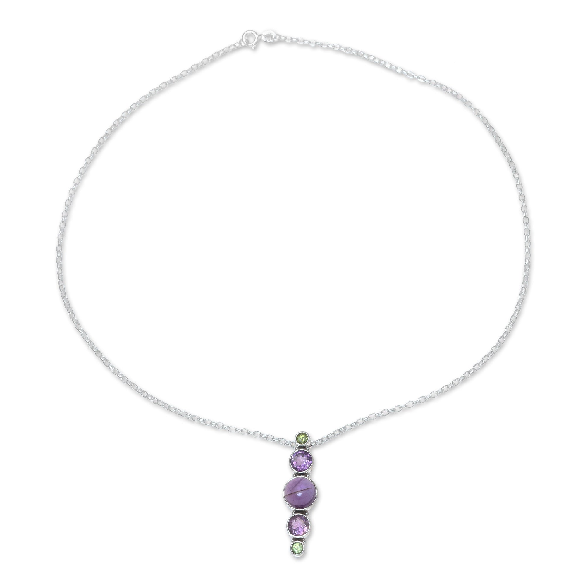 Premium Glittering Union Amethyst & Peridot Pendant Necklace - Handcrafted Sterling Silver Jewelry