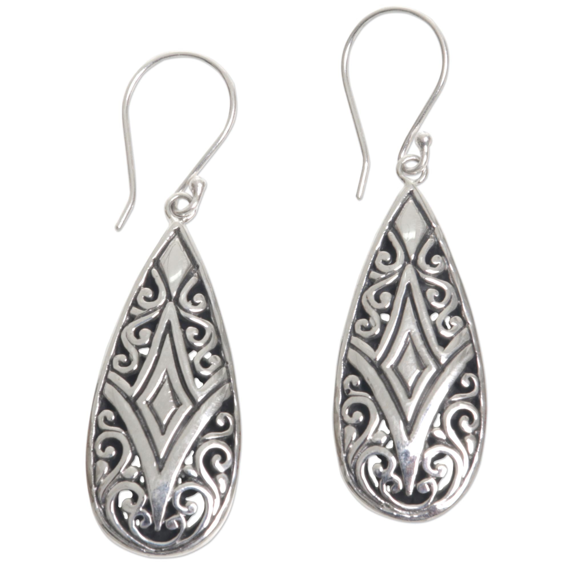 Premium Tamiang Drop Earrings - Sterling Silver with Balinese Floral Motifs