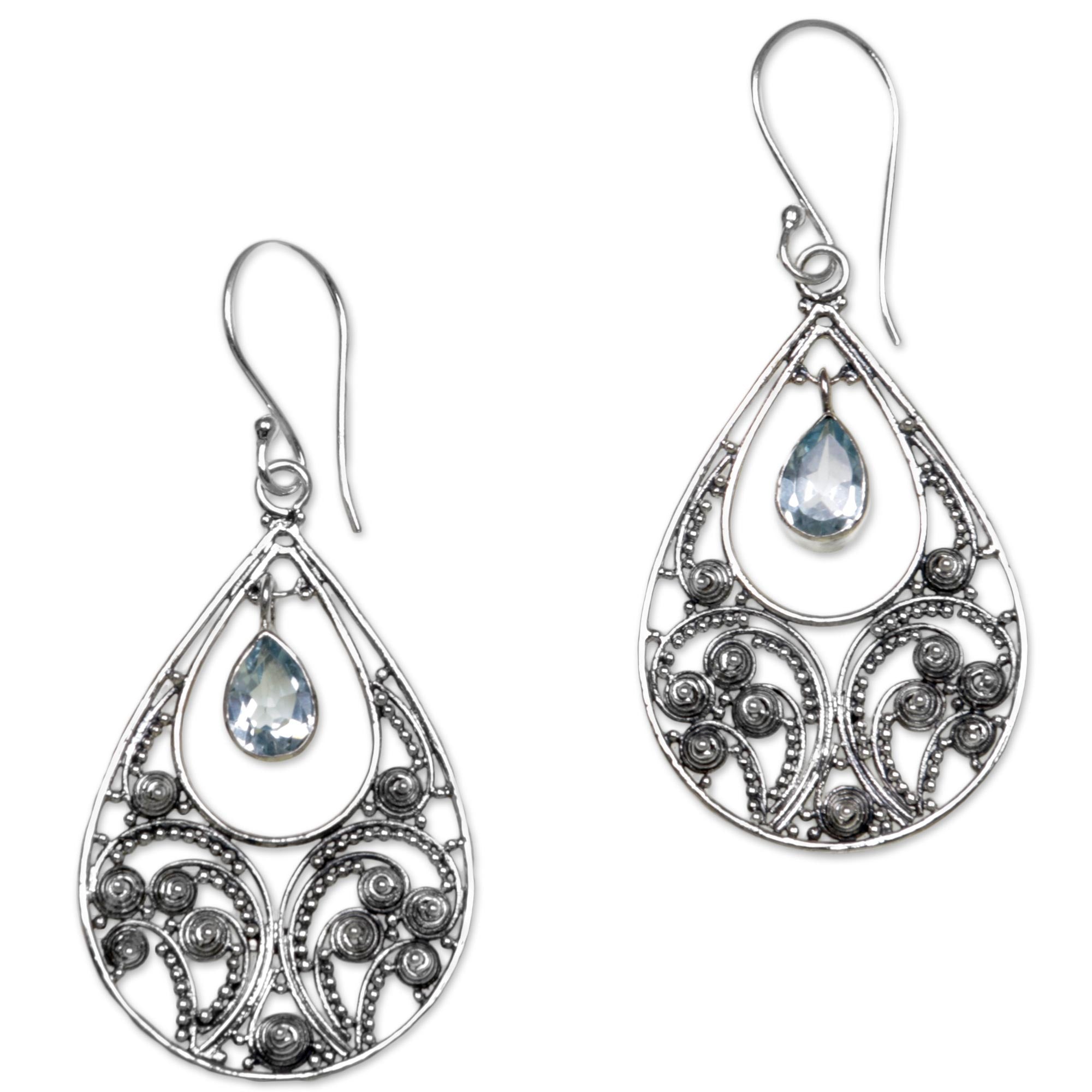 Premium Bali Crest Sterling Silver and Blue Topaz Dangle Earrings – Exotic Elegance