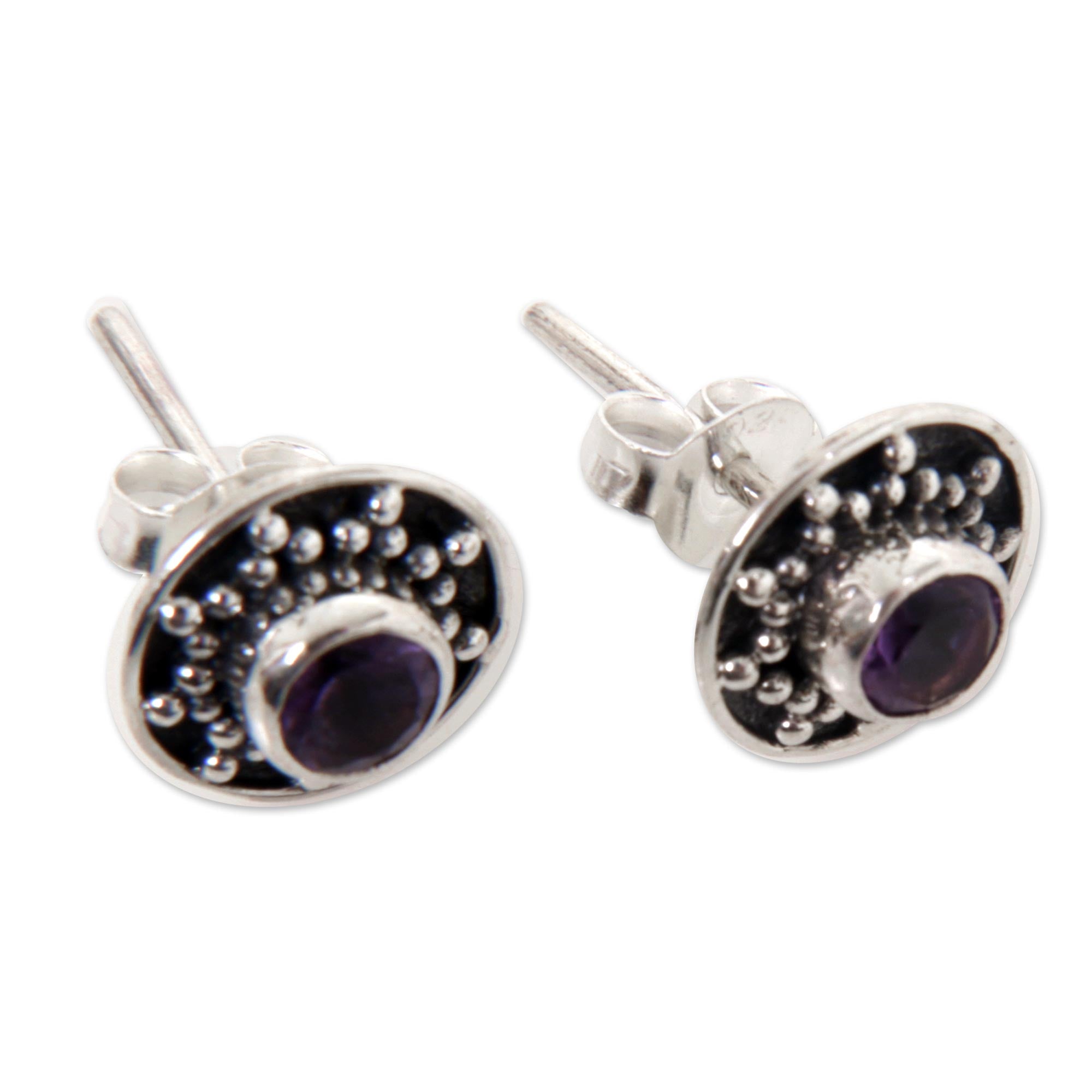 Premium Winter Halo Amethyst Sterling Silver Stud Earrings – Handcrafted in Bali