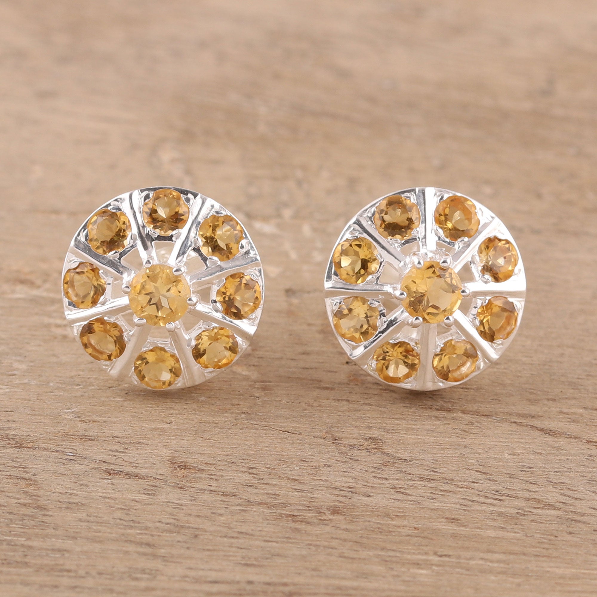 Premium Citrine Button Earrings - Handcrafted Sterling Silver Jewelry from India