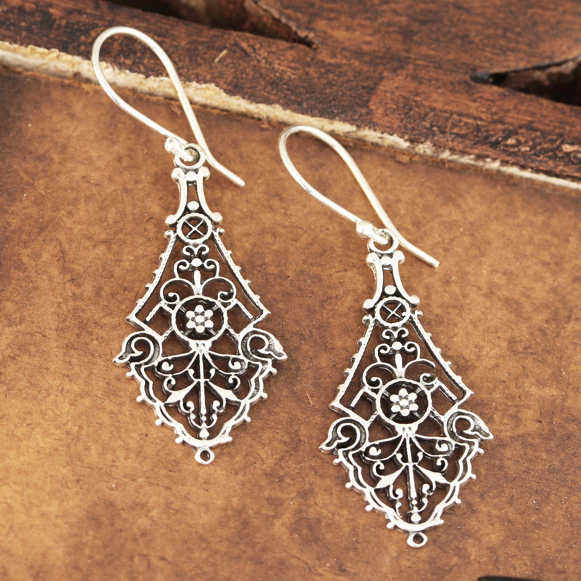 Premium Garden Gateway Openwork Sterling Silver Dangle Earrings - Handcrafted in India