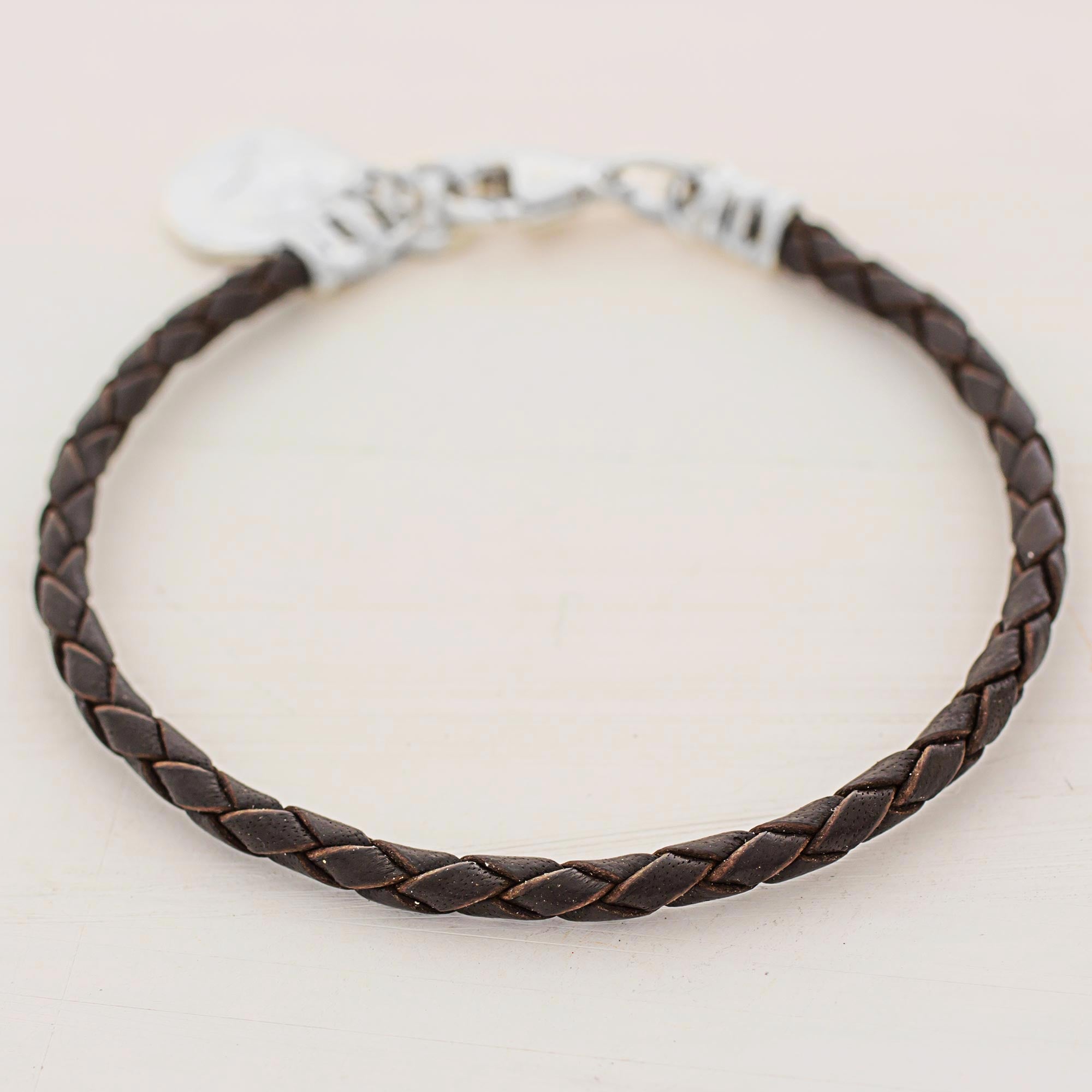 Premium Brown Leather Charm Bracelet with Fine Silver Accent - Handcrafted in Guatemala