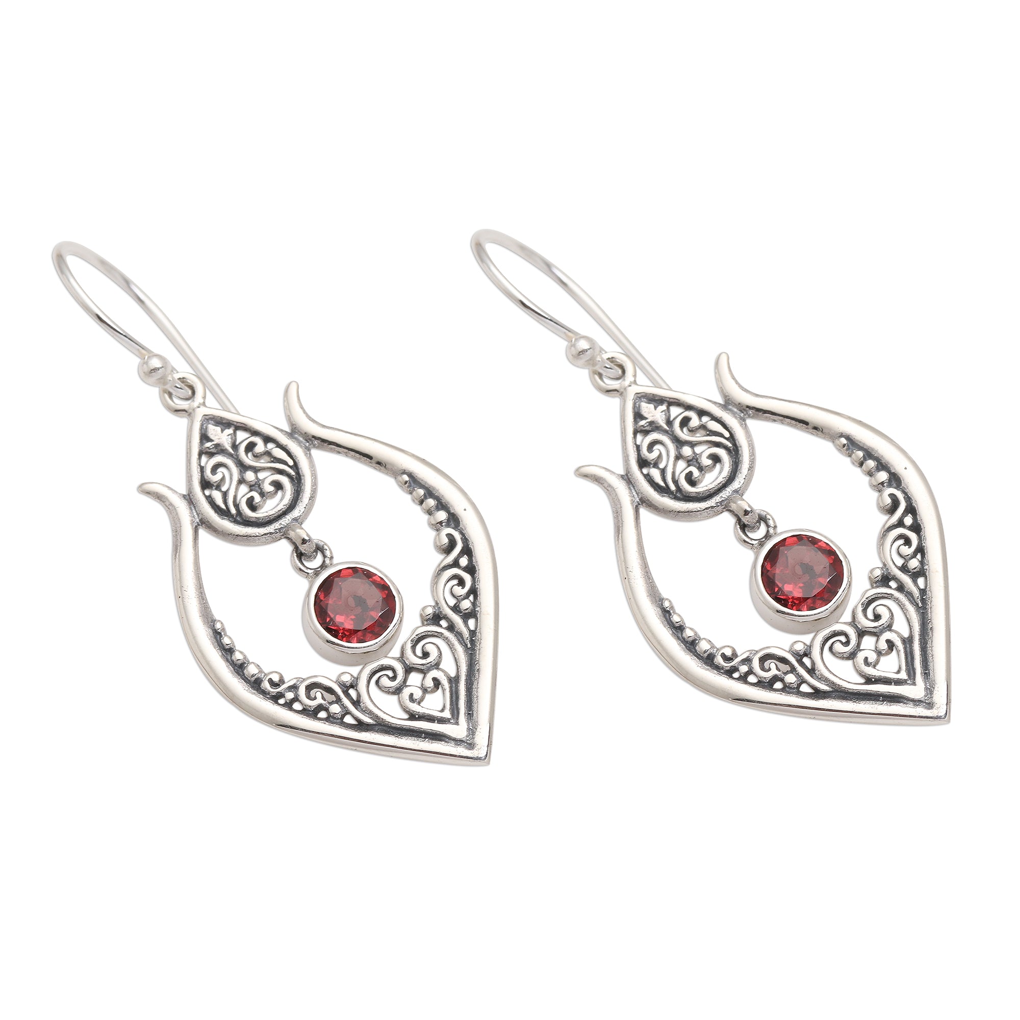 Premium Balinese Garnet Dangle Earrings in Sterling Silver