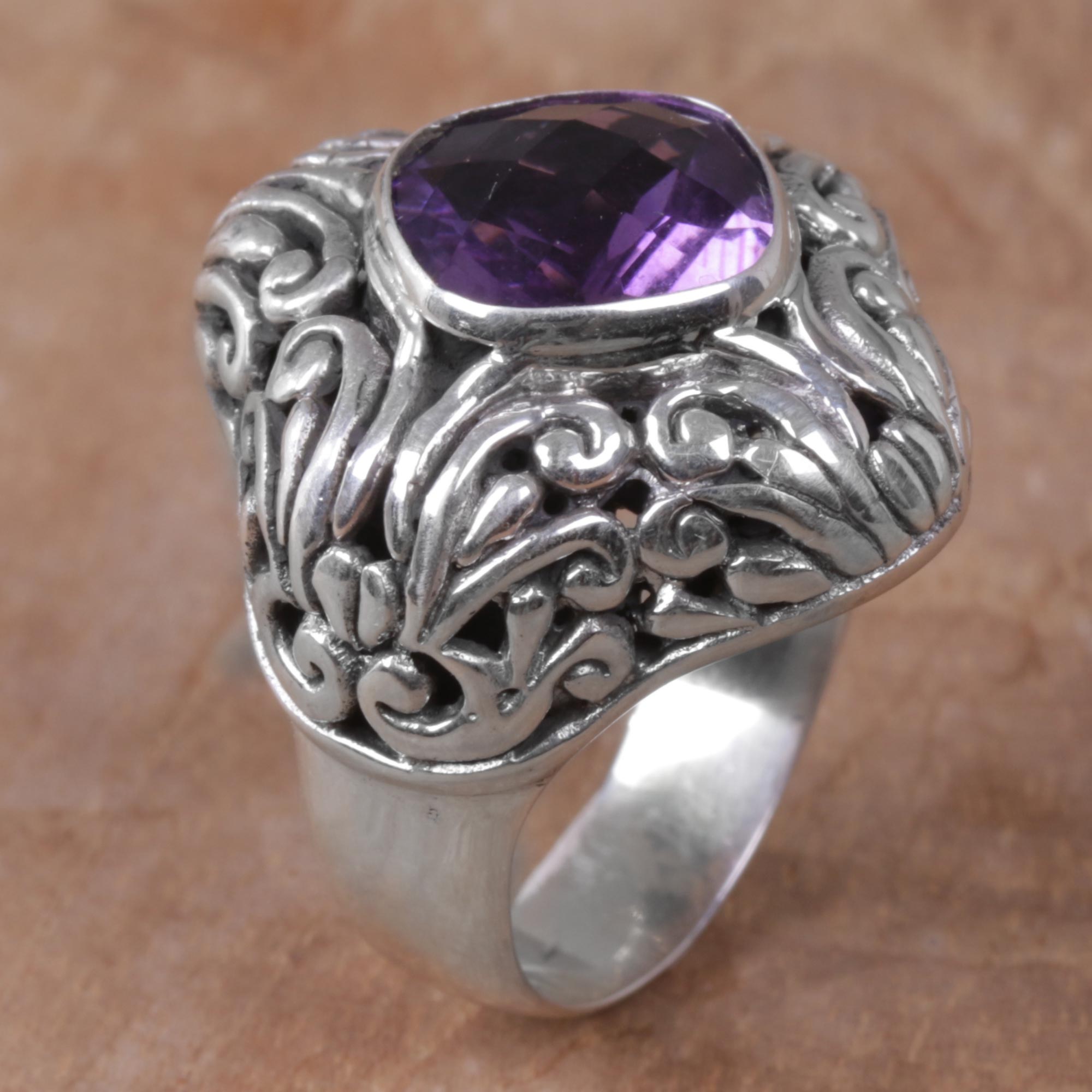 Premium Amethyst Sterling Silver Cocktail Ring - Balinese Artisan Crafted