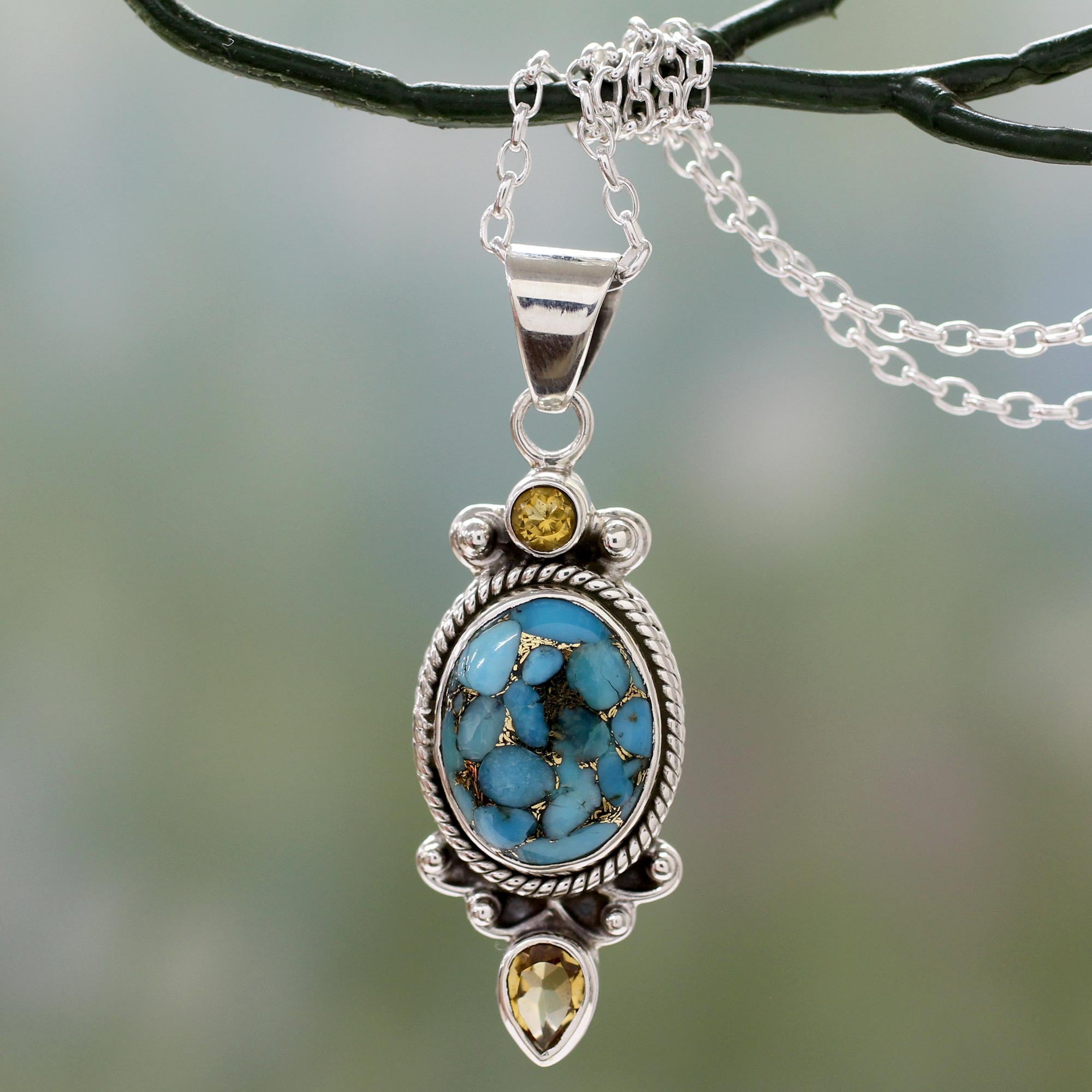 Premium Blue Silver Pendant Necklace with Citrine & Turquoise - Ultimate Elegance