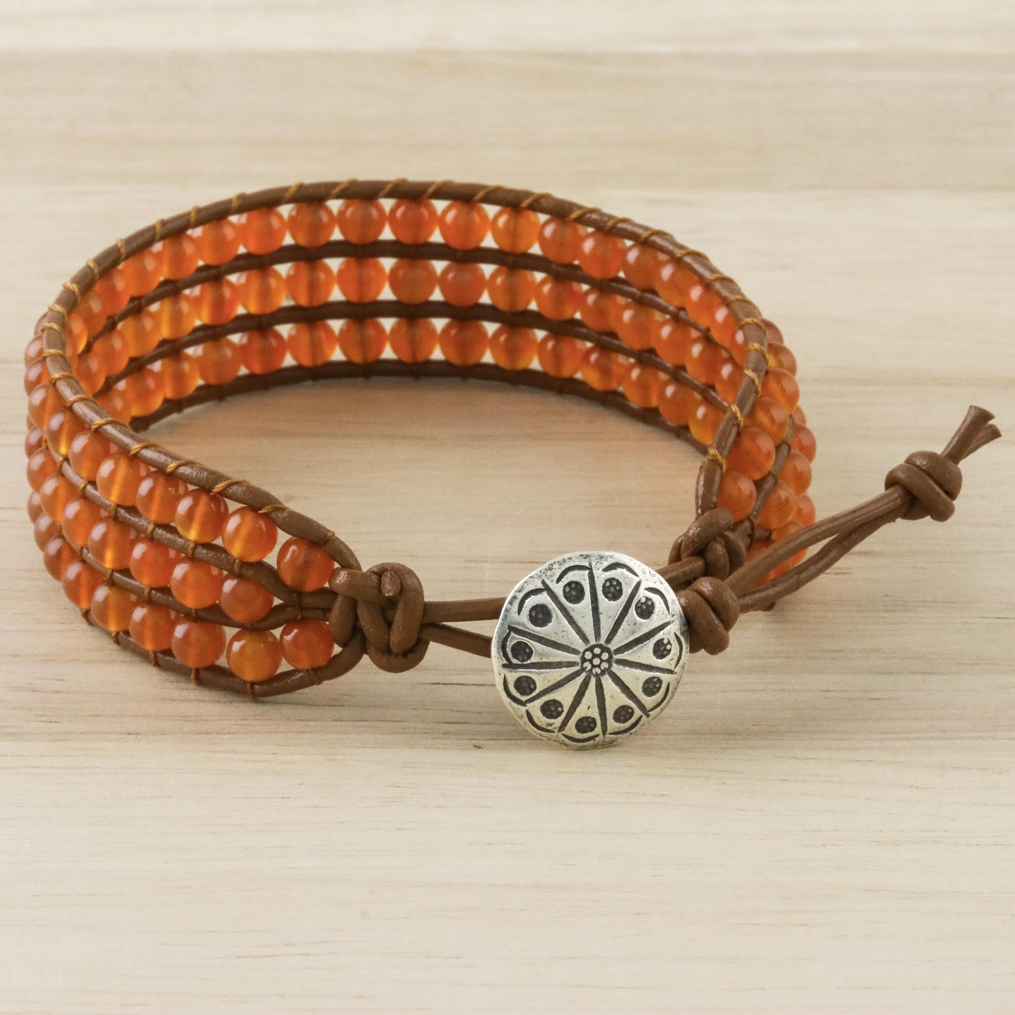 Premium Carnelian & Karen Silver Leather Bracelet - Sunlit Dawn Collection