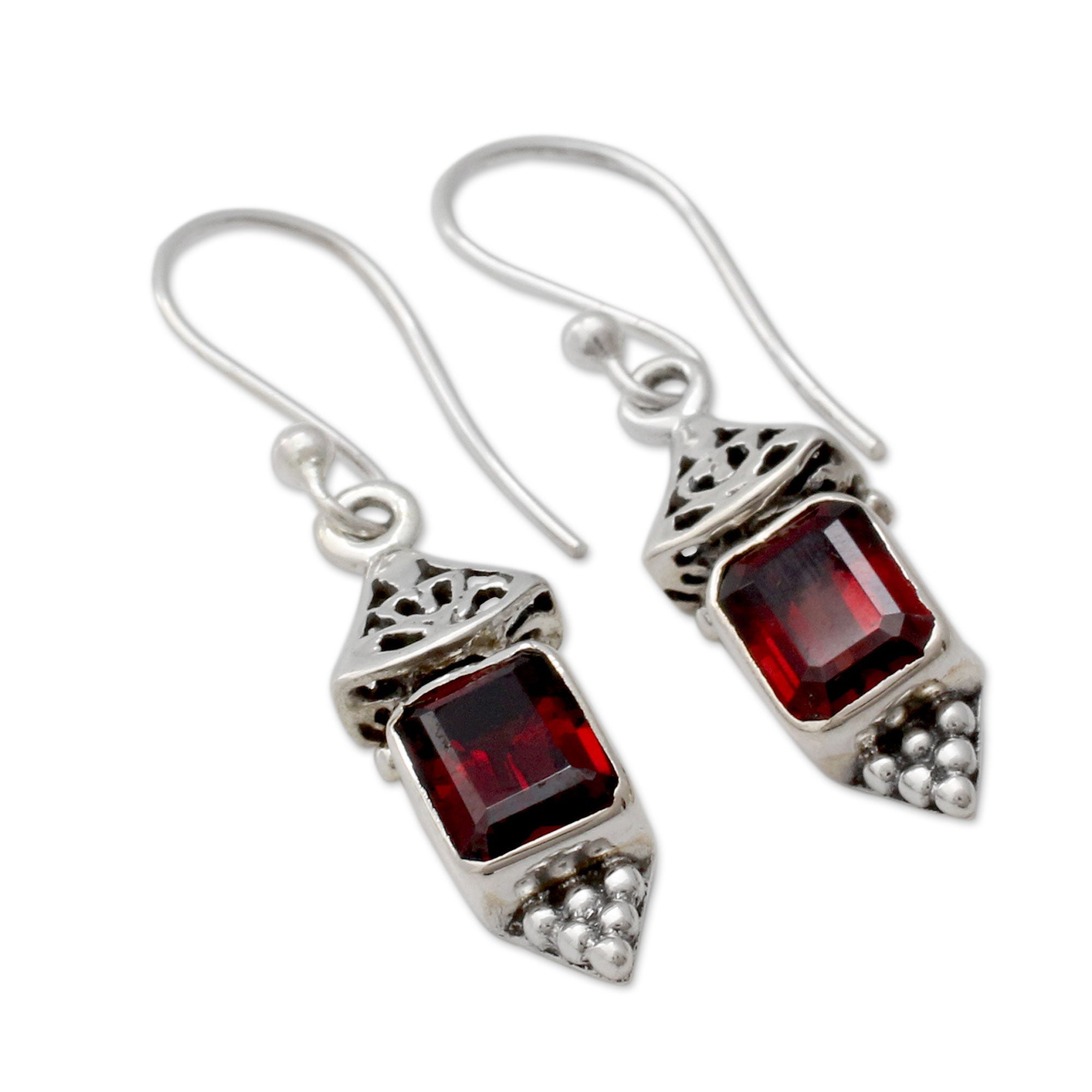 Premium Red Lantern Garnet & Silver Dangle Earrings - Handcrafted Elegance