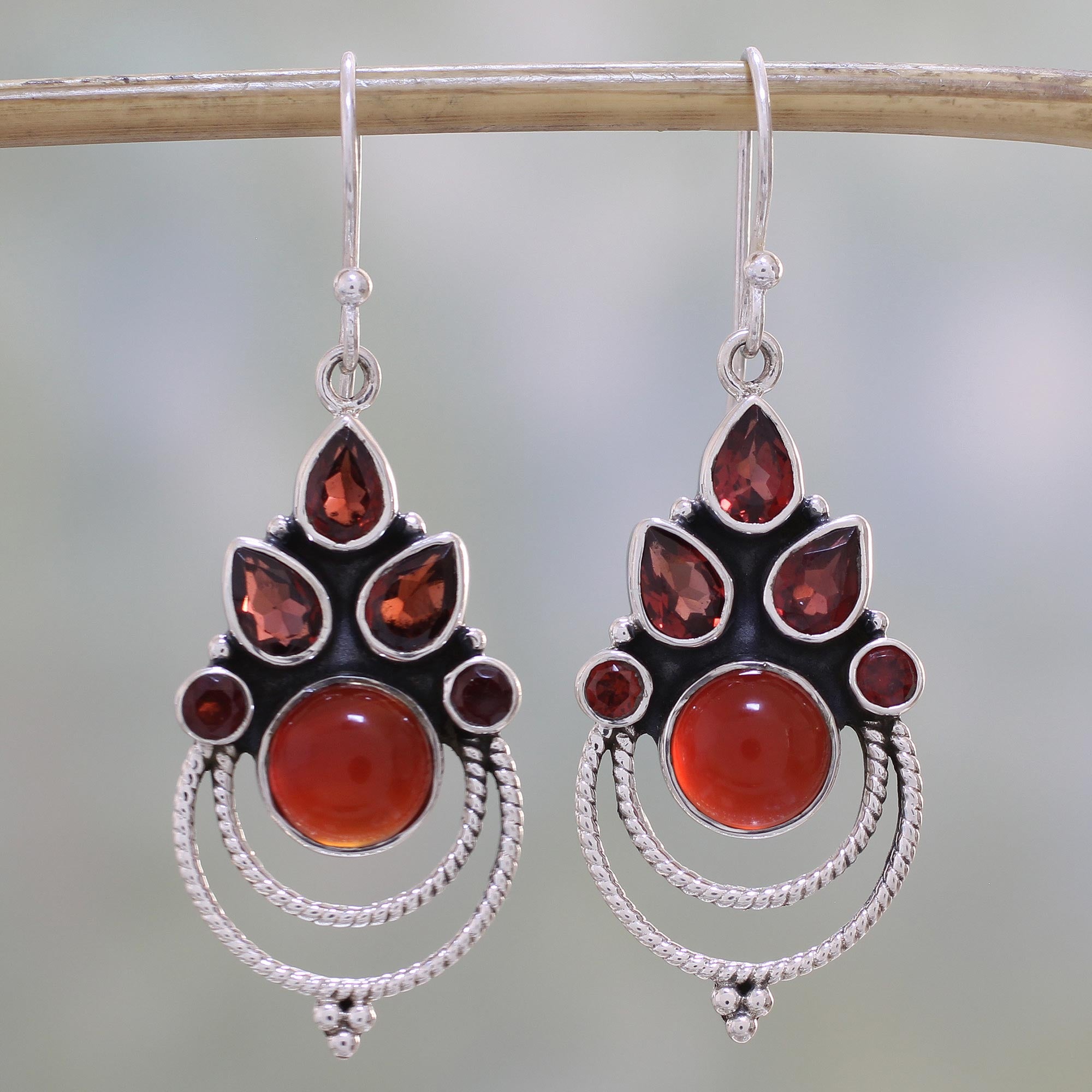 Premium Radiant Harmony Garnet & Carnelian Dangle Earrings - Handcrafted by Indian Artisans