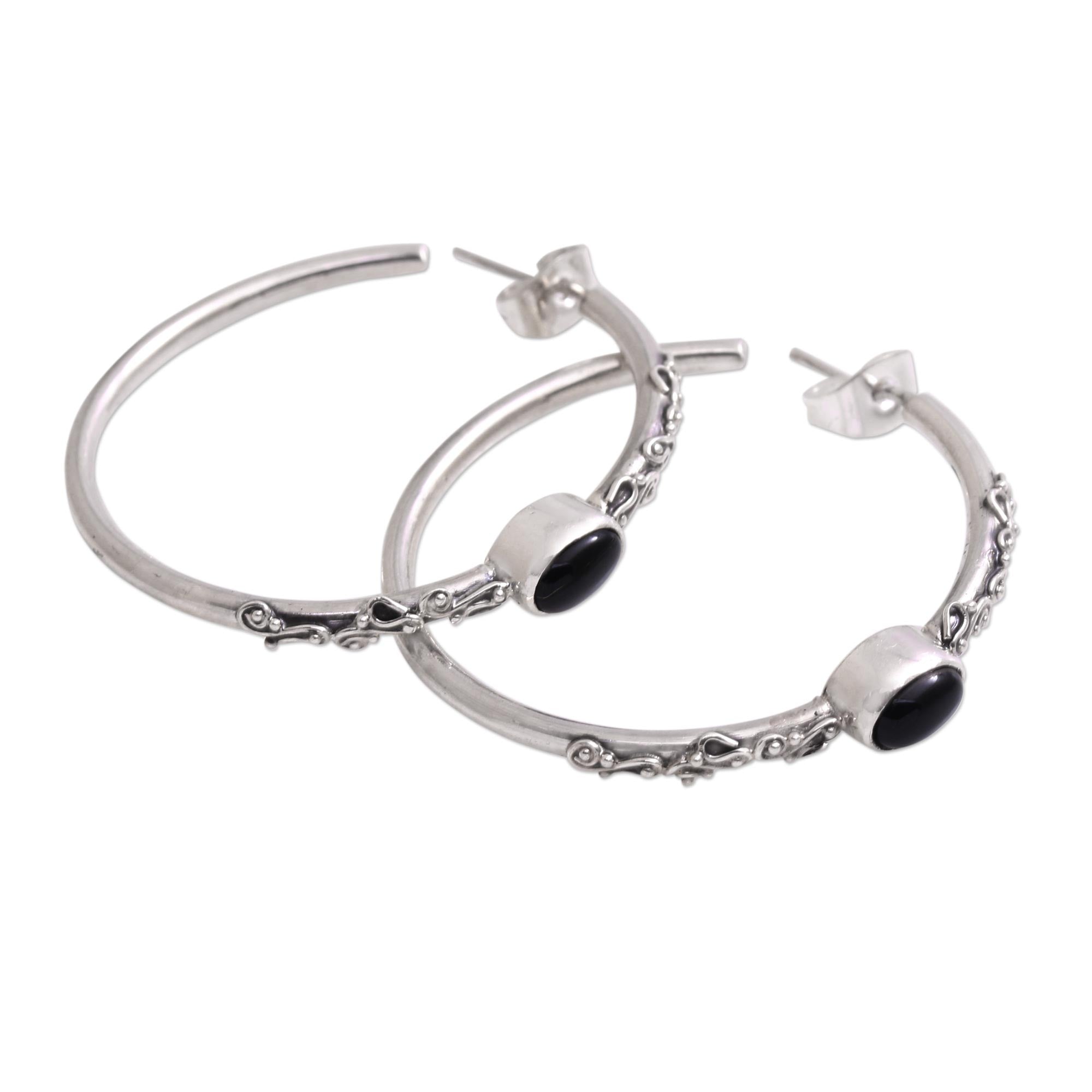 Premium Bali Memories Onyx Half-Hoop Earrings - Handcrafted Sterling Silver Jewelry