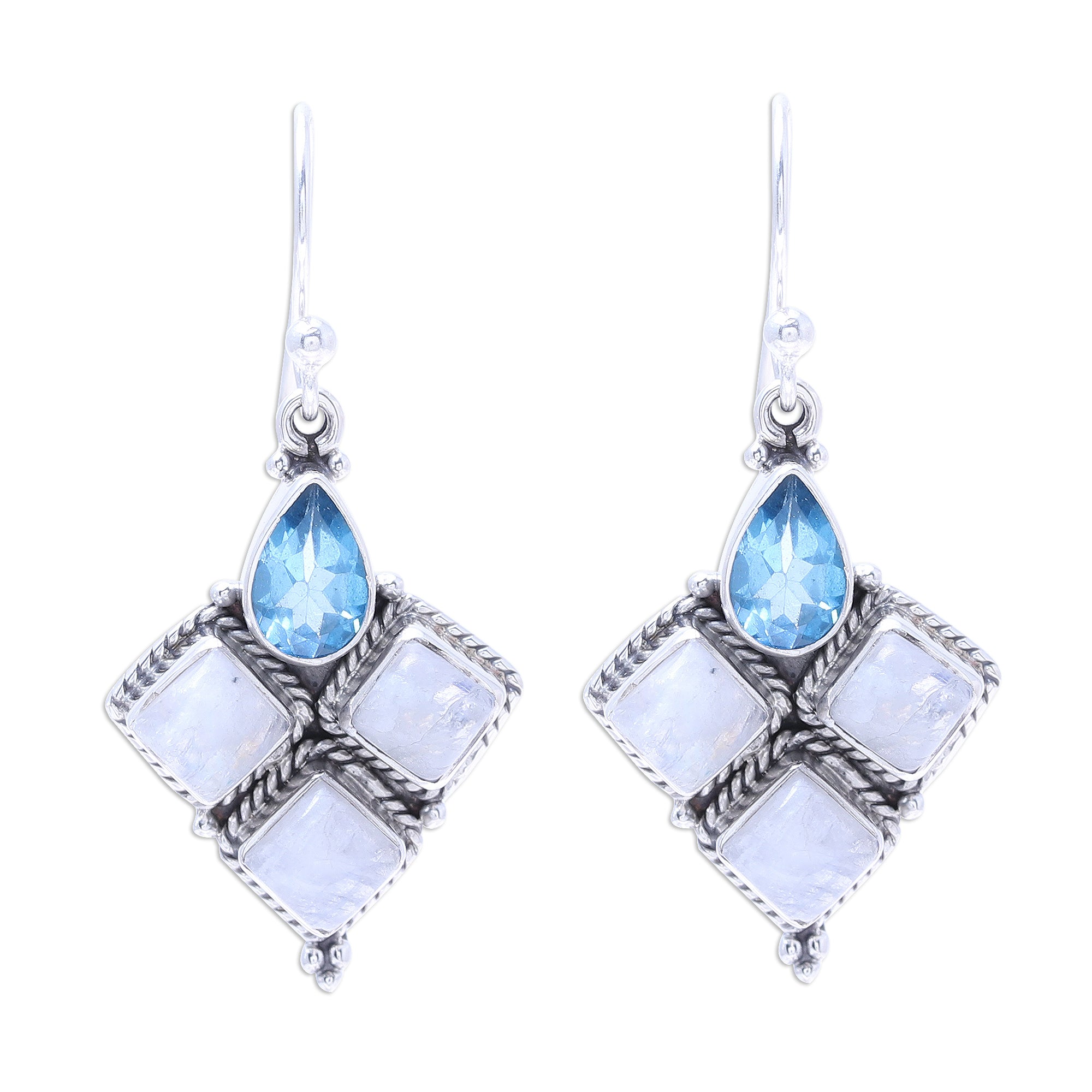 Premium Rainbow Moonstone & Blue Topaz Dangle Earrings - Handcrafted Sterling Silver Jewelry