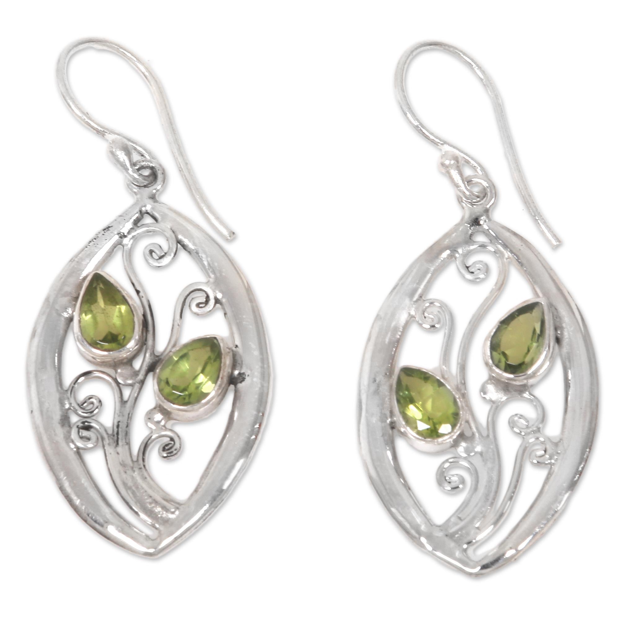 Premium Paradise Leaves Artisan Sterling Silver Earrings with Peridot Gemstones