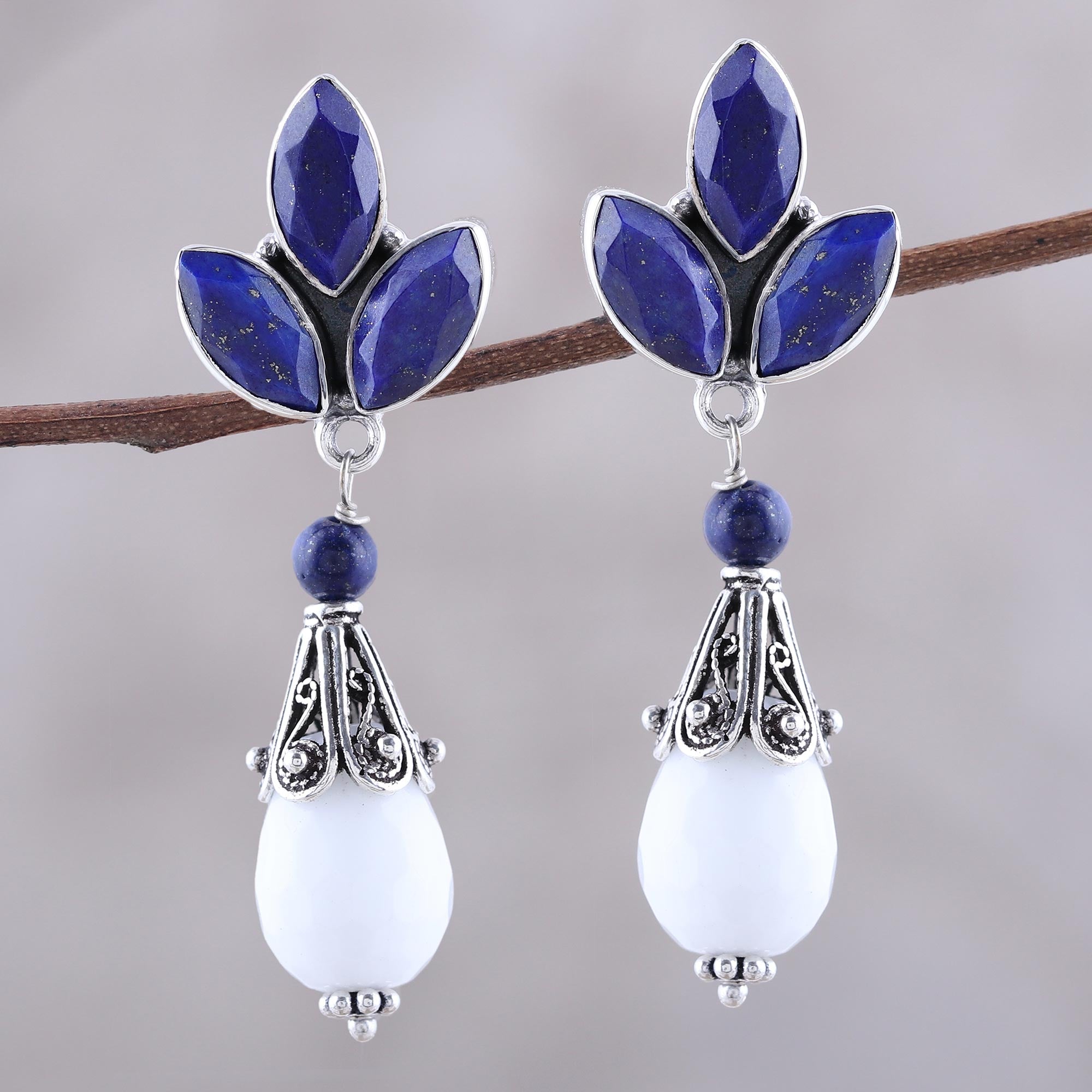 Premium Glowing White Agate & Lapis Lazuli Dangle Earrings - Handcrafted in India