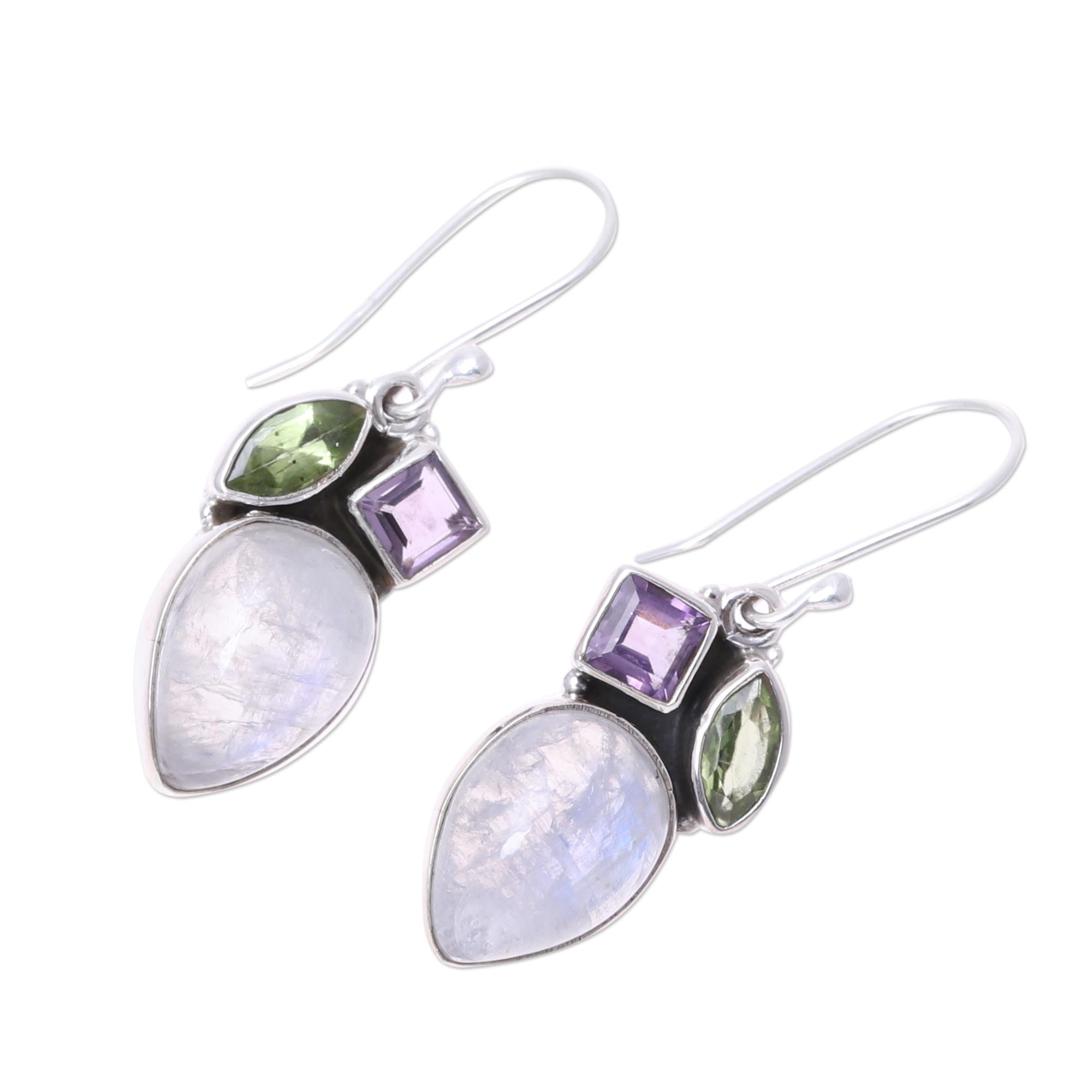 Premium Rainbow Moonstone Dangle Earrings with Peridot & Amethyst