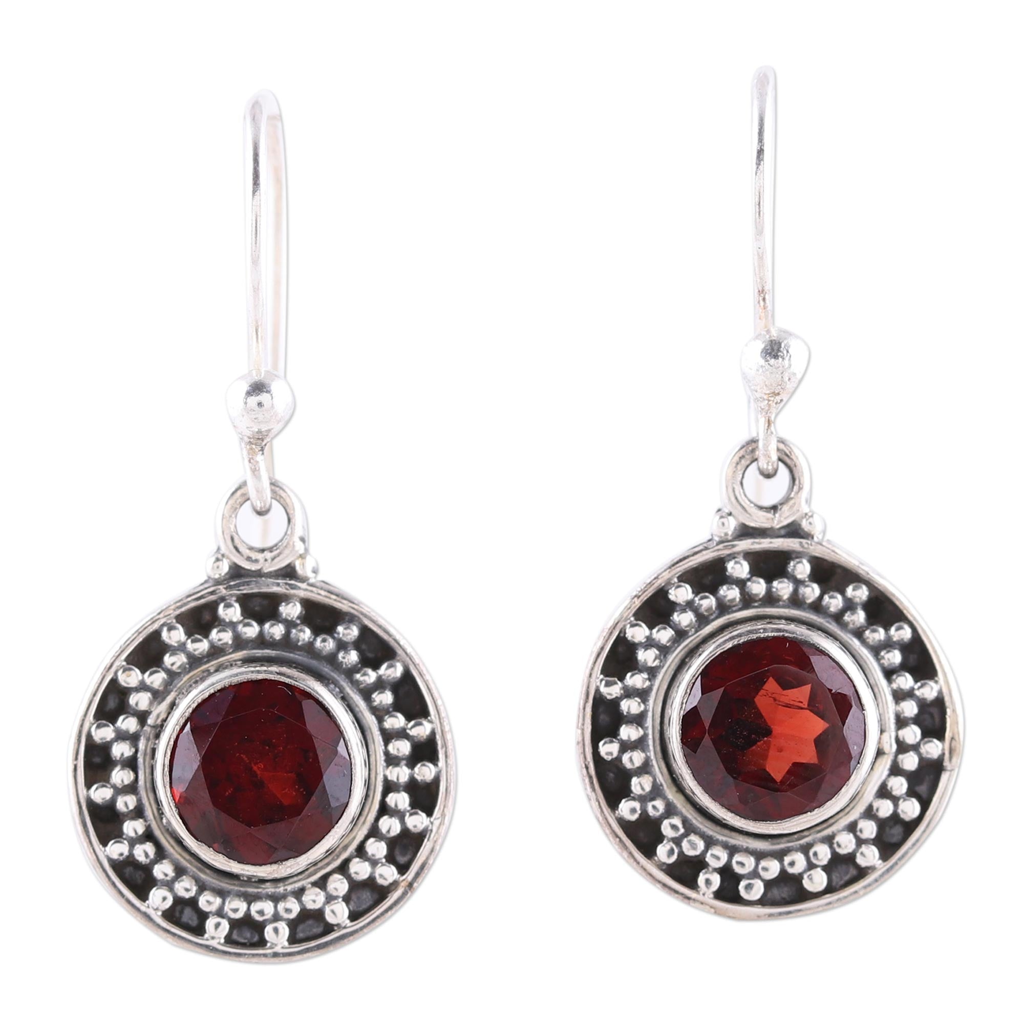 Premium Circular Garnet Dangle Earrings – Handcrafted Sterling Silver Jewelry from India