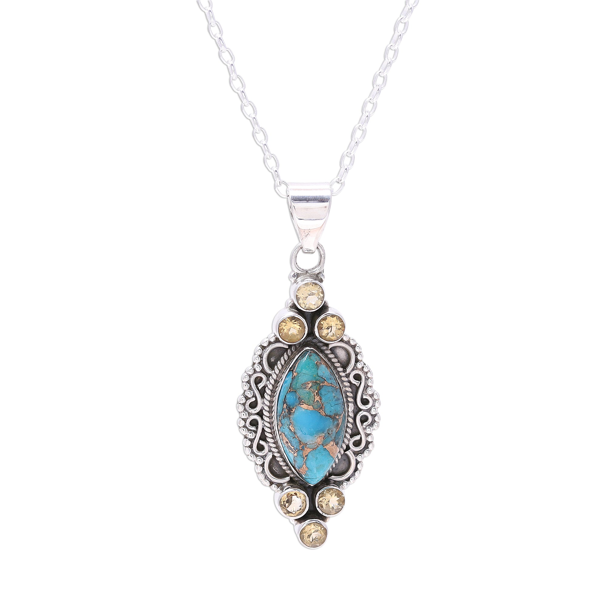 Premium Ocean Glow Sterling Silver Citrine & Turquoise Pendant Necklace