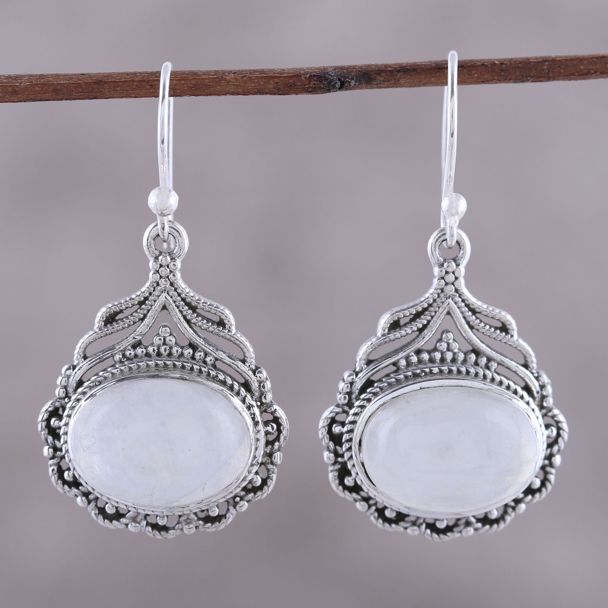 Premium Natural Oval Rainbow Moonstone Dangle Earrings - Handcrafted in India