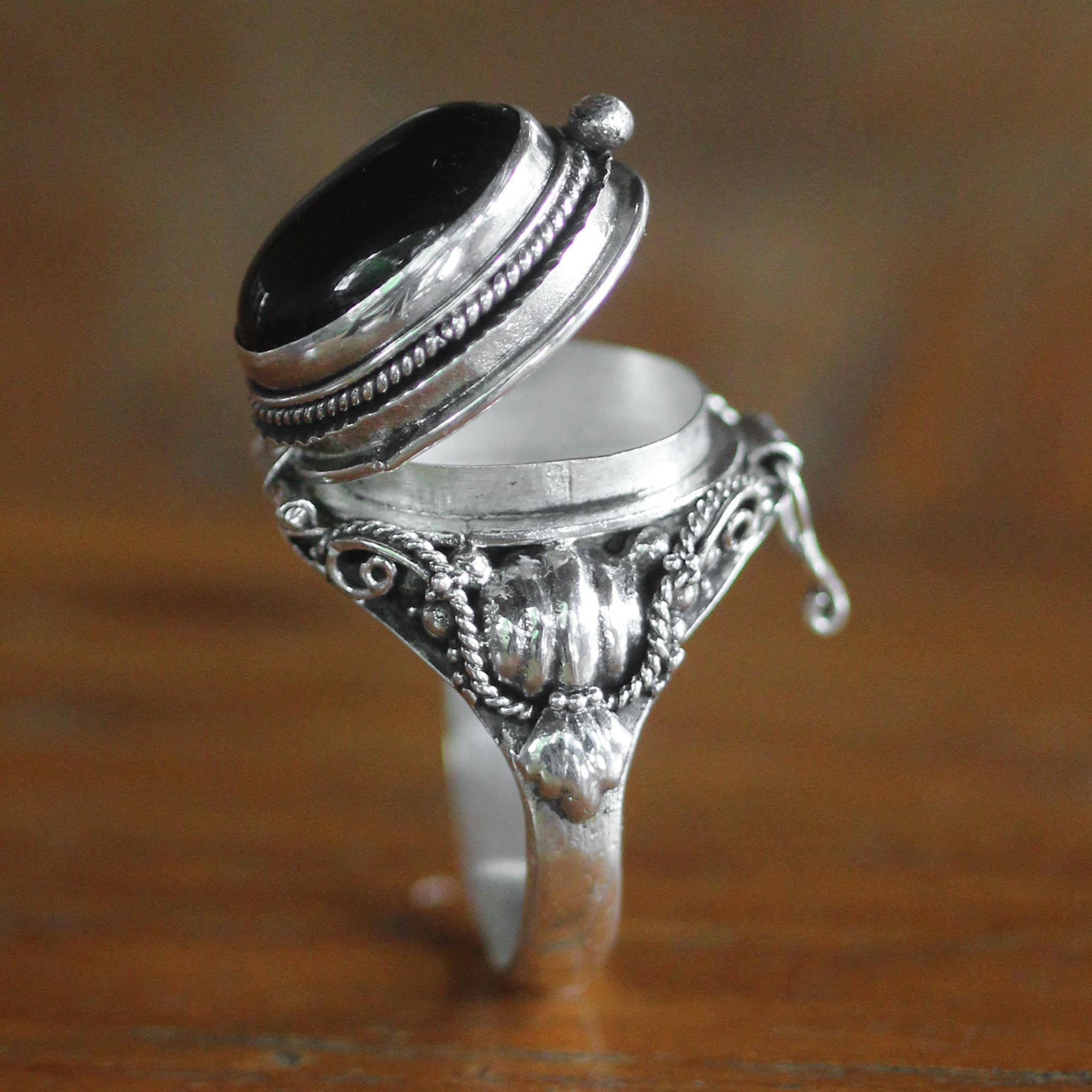 Premium Gothic Sterling Silver Secret Compartment Ring with Onyx