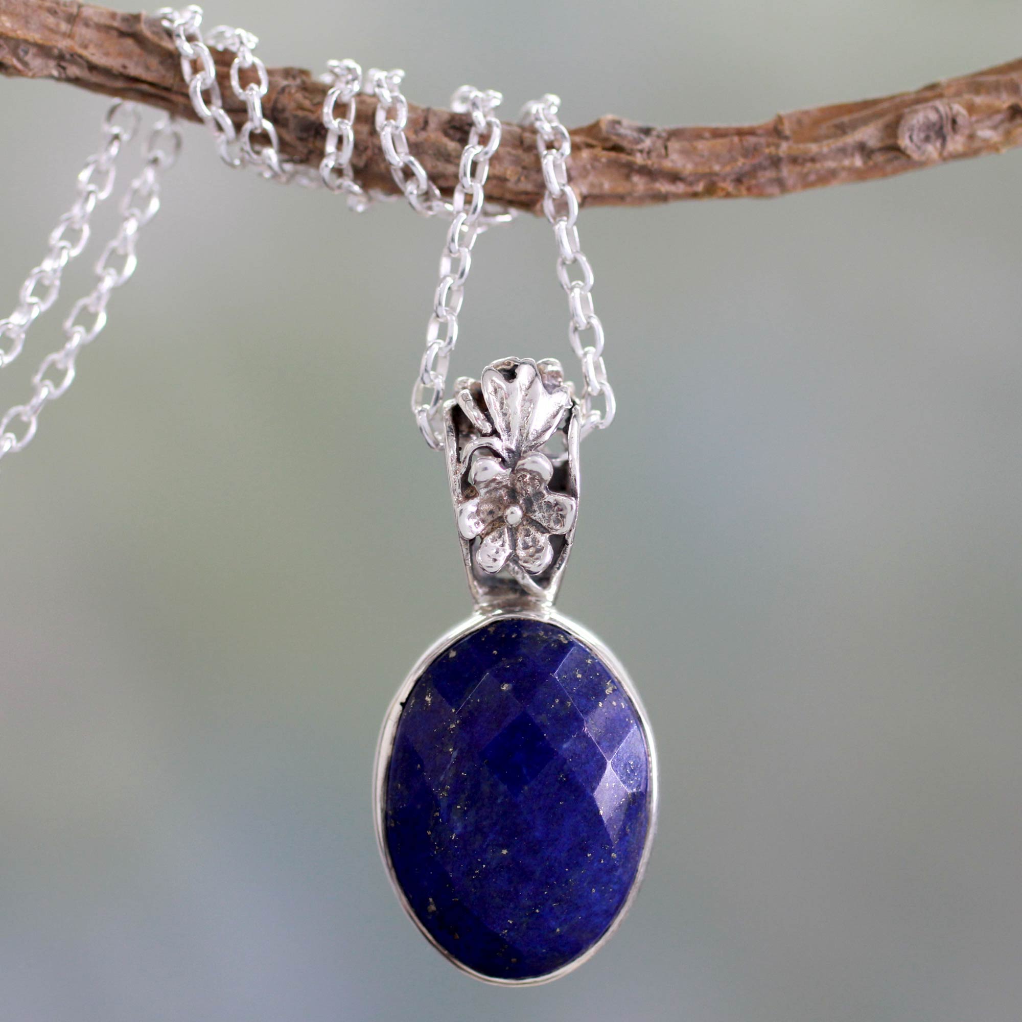 Premium Floral Facets Artisan Silver & Lapis Necklace