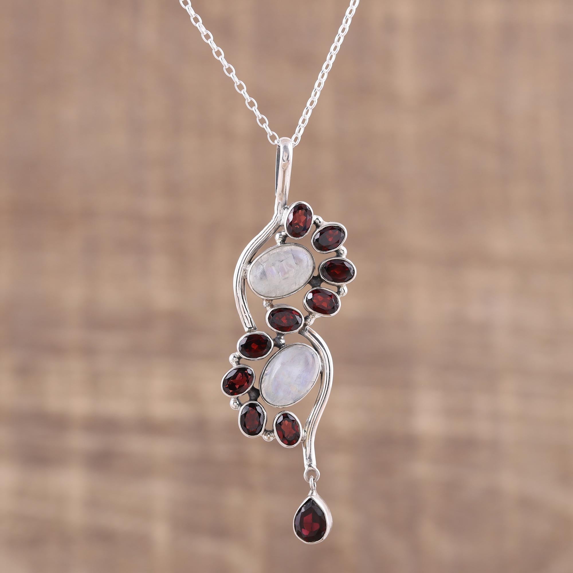 Premium Spiral Garnet & Rainbow Moonstone Pendant Necklace - Handcrafted Sterling Silver Jewelry