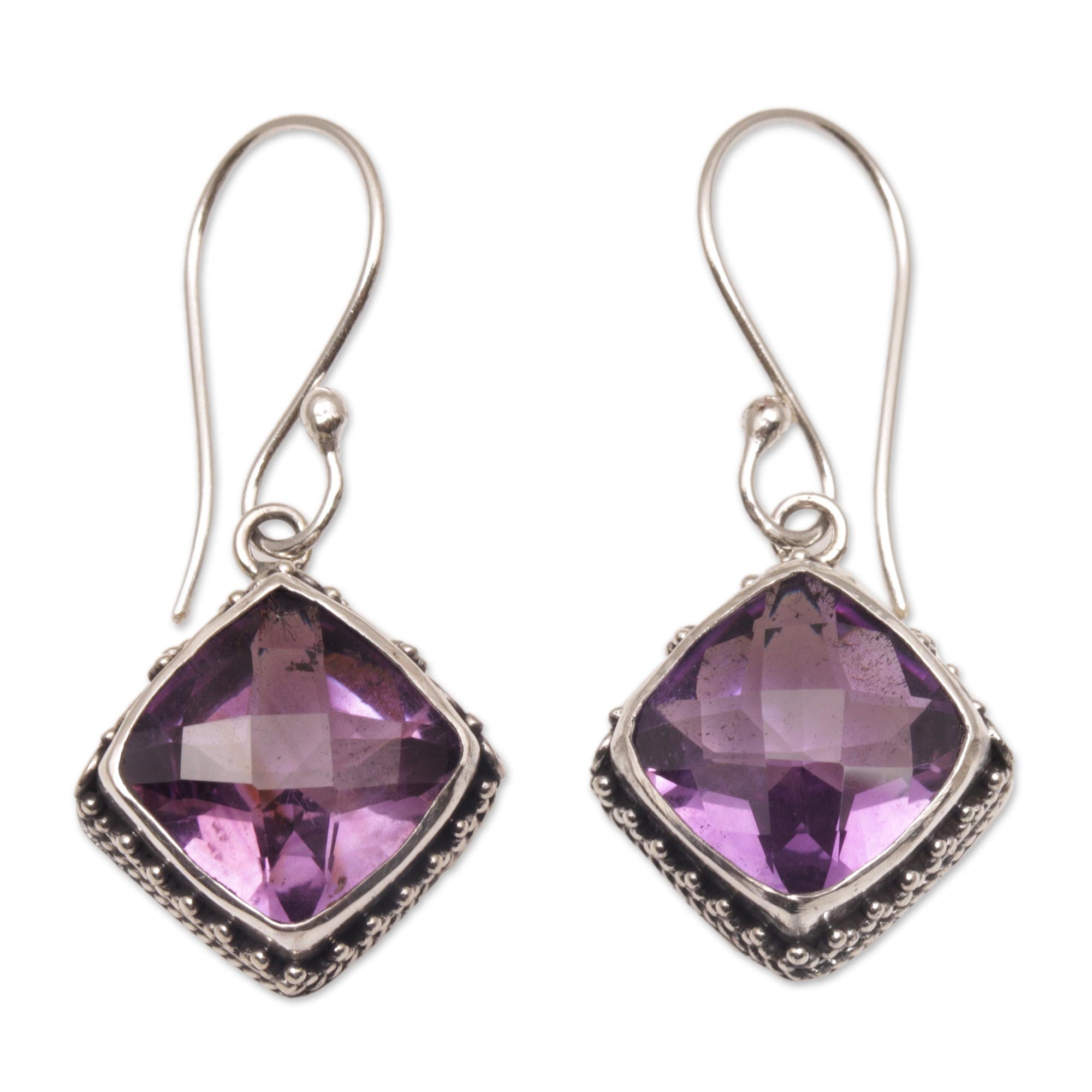 Premium Pura Amethyst & Silver Dangle Earrings - Handcrafted in Bali