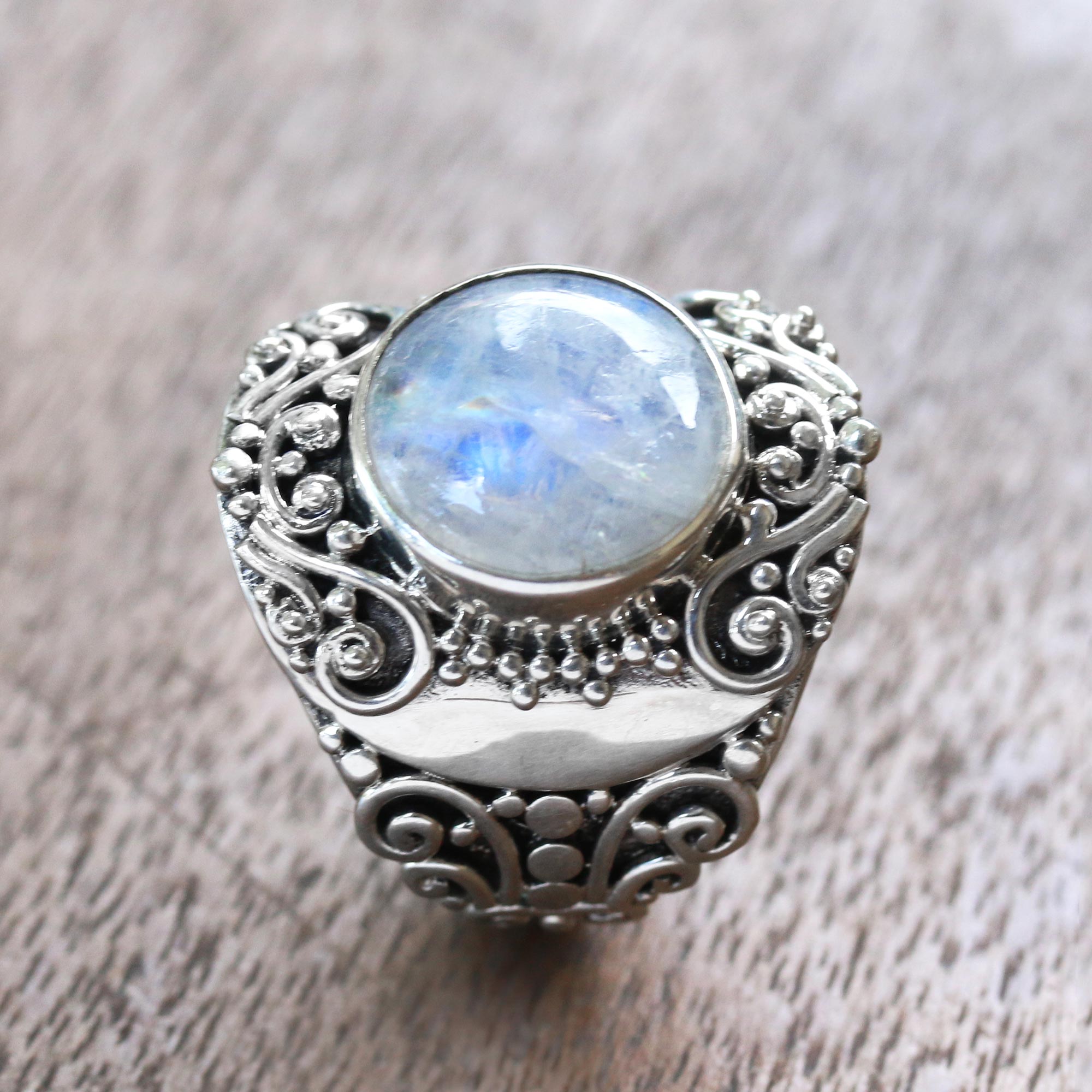 Premium Rainbow Moonstone Cocktail Ring – Handcrafted in Bali