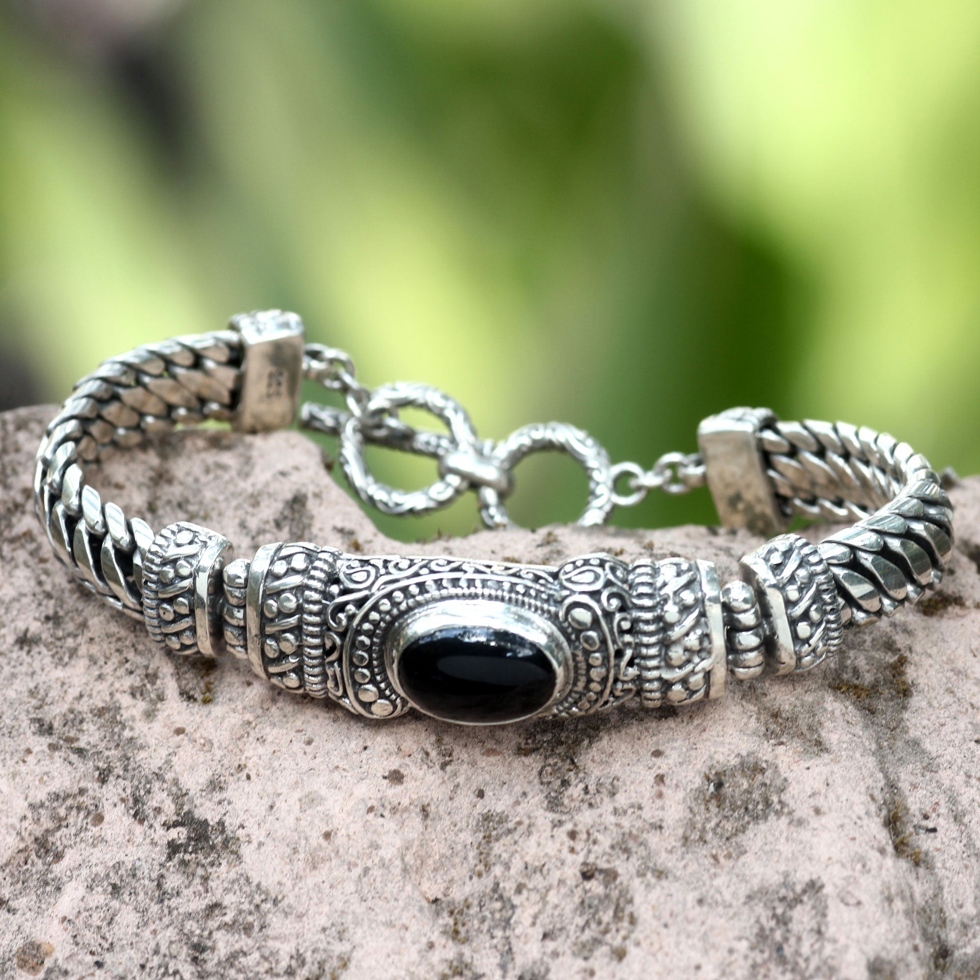 Premium Royal Bali Onyx & Silver Chain Bracelet - Handcrafted Elegance