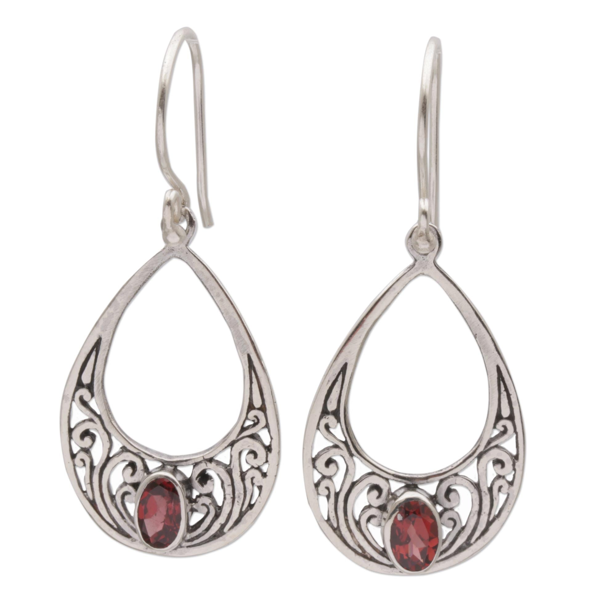 Premium Elegant Tears Garnet & Silver Dangle Earrings - Handcrafted in Bali