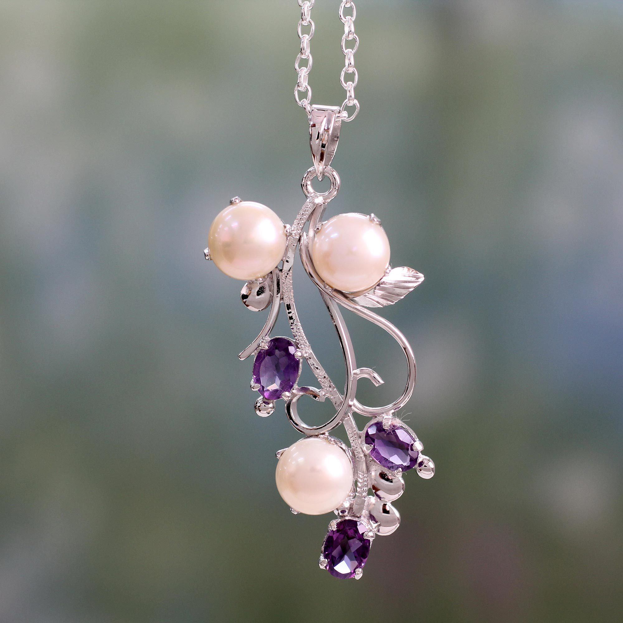 Premium Amethyst & Pearl Floral Pendant Necklace - Handcrafted Elegance