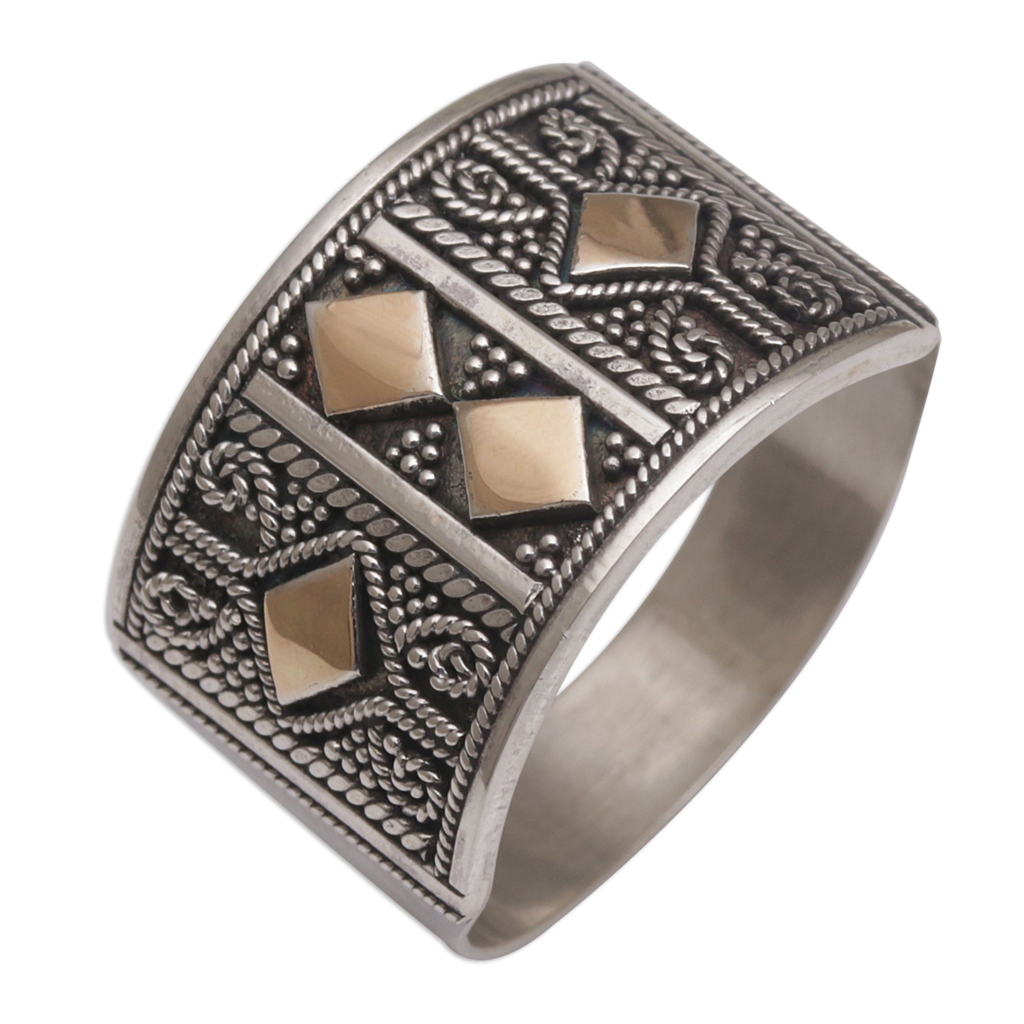 Premium Ancient Enigma Handmade Sterling Silver Band Ring with 18k Gold Accent - Ultimate Luxury Jewelry