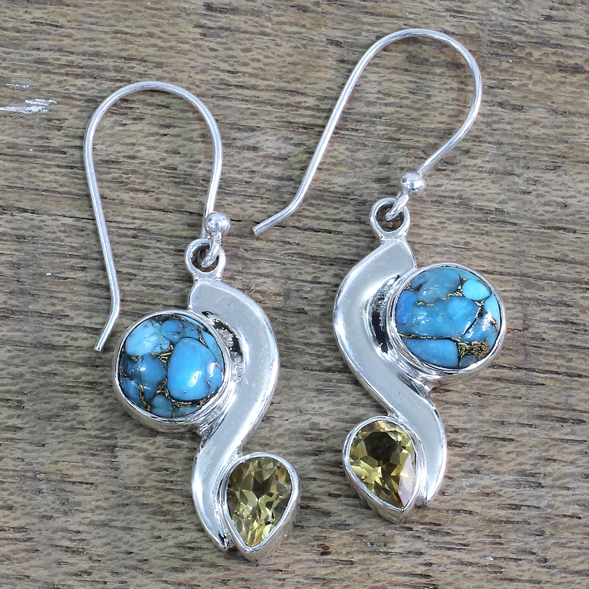 Premium Citrine & Turquoise Dangle Earrings – Handcrafted Sterling Silver Jewelry from India