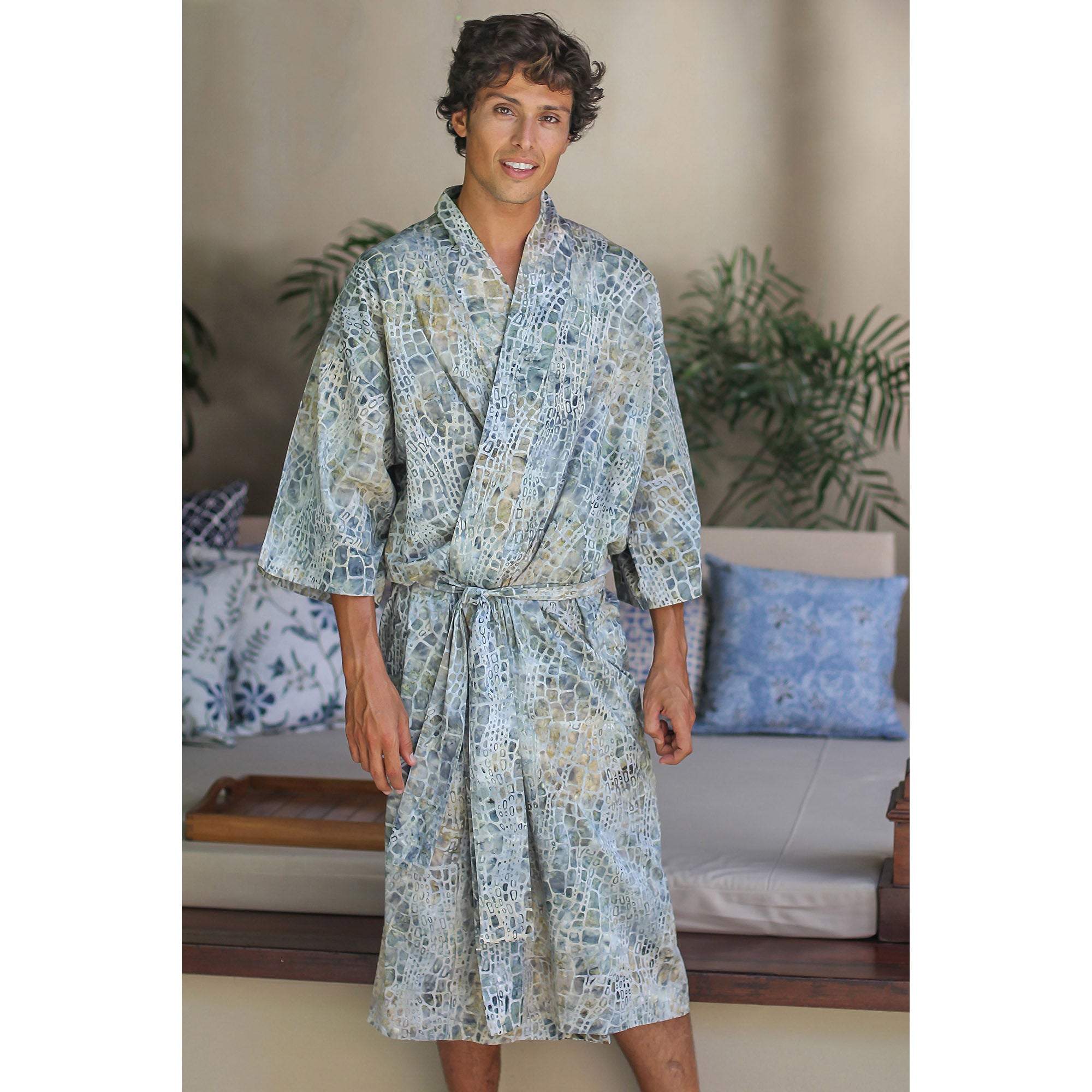 Premium Bull Snake Men's Green Cotton Batik Robe - Handmade in Indonesia