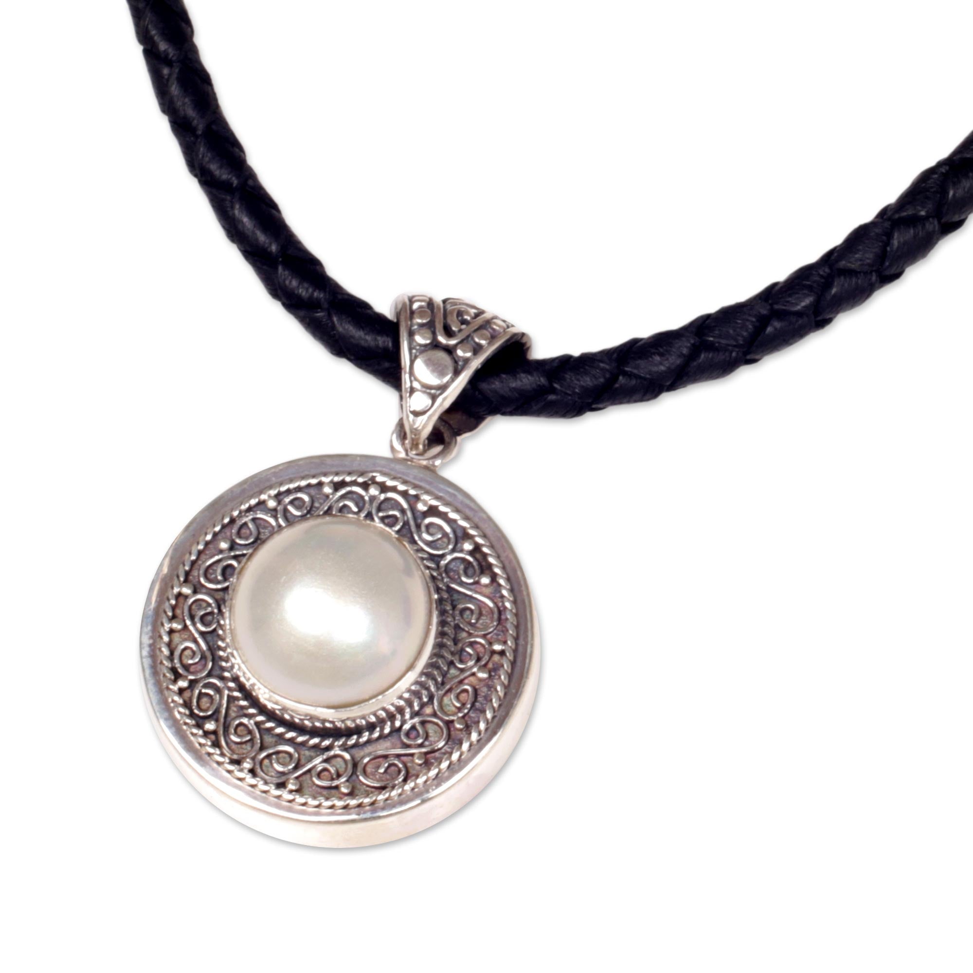 Premium Floral Ring Sterling Silver Pendant Necklace with Leather Cord - Handcrafted in Indonesia