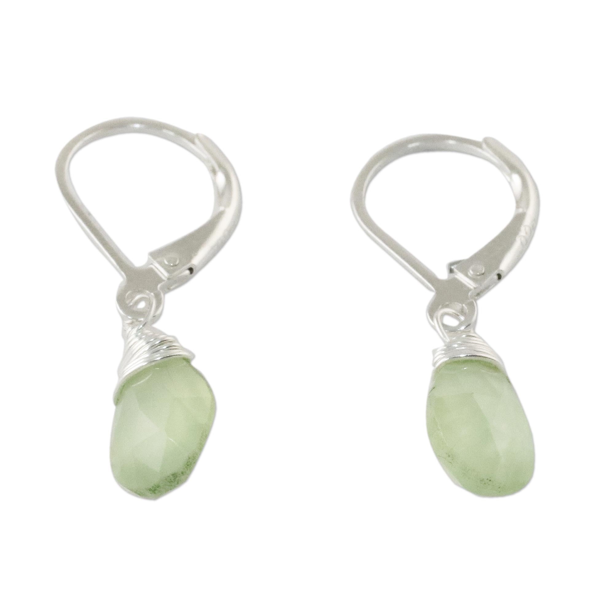 Premium Prehnite Teardrop Dangle Earrings in Sterling Silver - Glamorous Thai Design