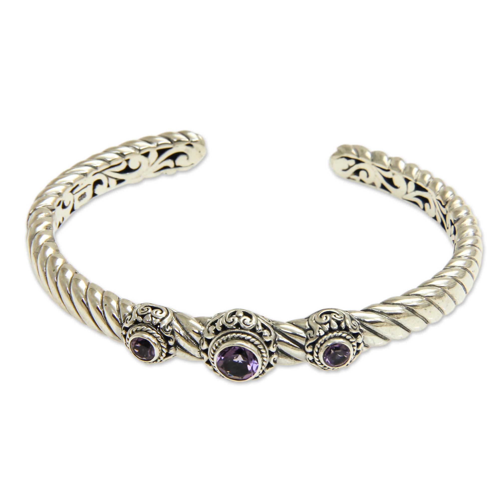 Premium Triple Crown Purple Amethyst Sterling Silver Cuff Bracelet - Bali Handcrafted Jewelry